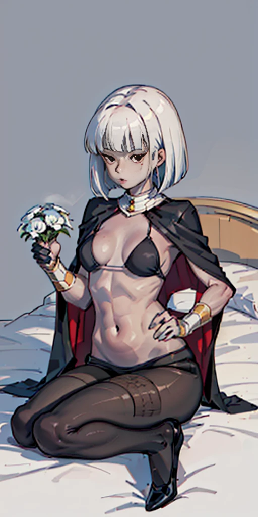full body female (Warhammer Art Style, Adepta Sororitas, Battle Sister, White hair, bob haircut with bangs. 16k ultra hd, portrait), holding hands a bouquet (both hands) photorealistic, fullbody, bedroom background, royal bedroom, black gloves, black socks, tiara, white hair, laying down on bed, red cape, yellow bikini, high heels, raw photo, DSLR, 8k, 4k, UHD, DSLR, high quality, soft lighting, nikon, canon, hands on hips. red tattoo on belly