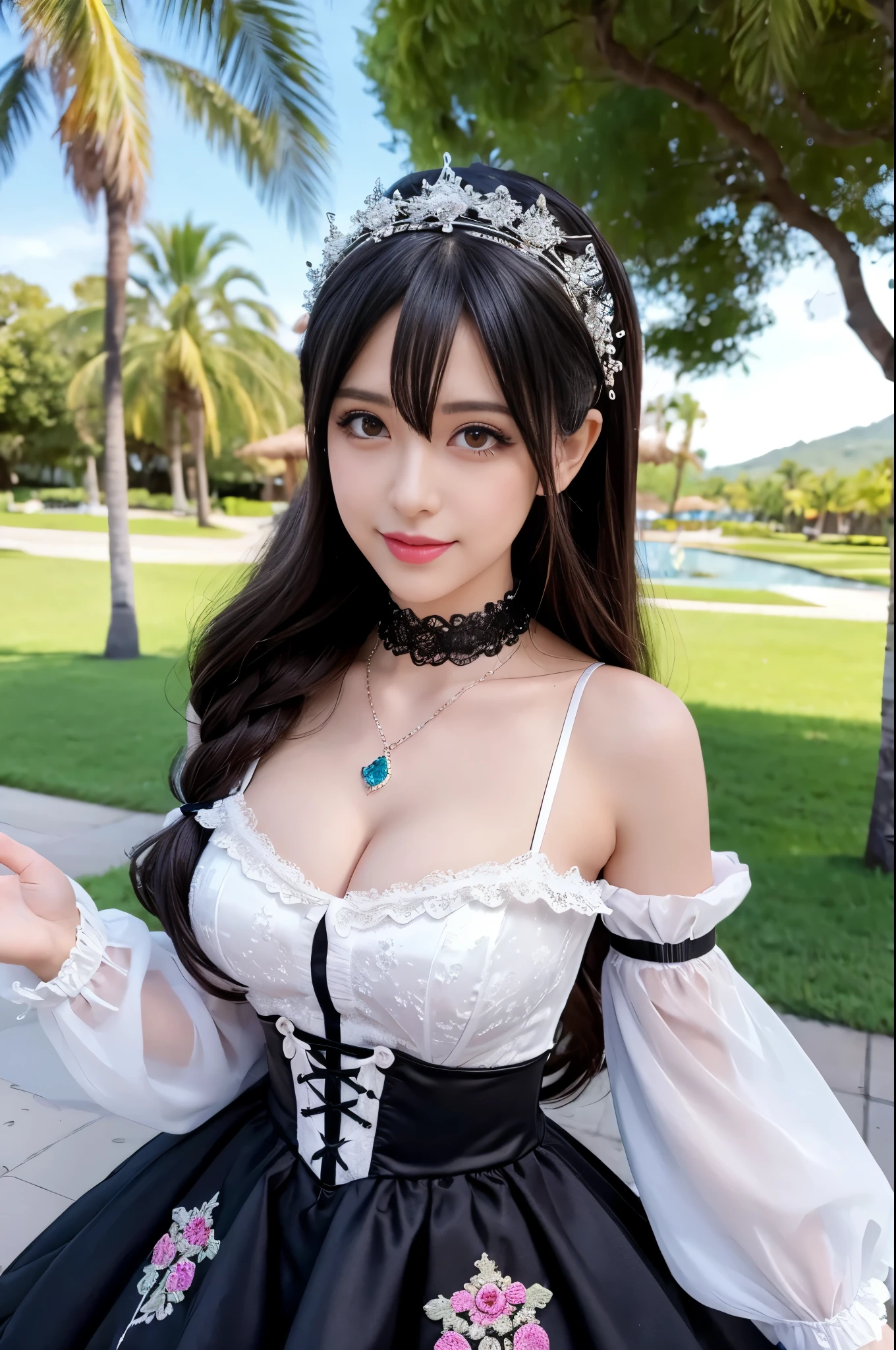 sexy stylish Spanish model, only 1 female, ((doll-like appearance)), full-body Esbian, beautiful smile, detailed eyes, lipgloss, long lashes, defined eyebrows, ((sexy Paradise Kiss cosplay)), bell-shaped skirt, petticoats, high neckline, puffed sleeves, detailed lace, detailed embroidery, intricate details, Paradise Kiss accessoires and matching headpiece, choker, sparkling ((Paradise Kiss jewelry)), look at the camera, cinematic light, detailed large park background with trees