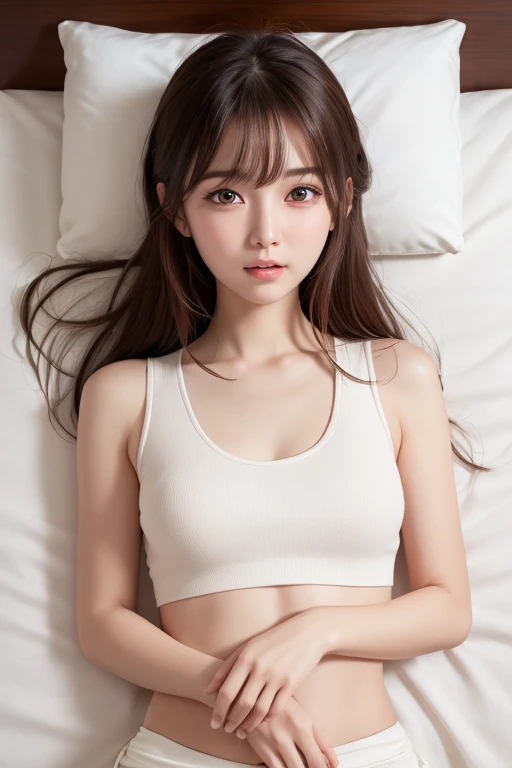 1人のgirl, (a beauty girl, delicate girl:1.3), (24-years-old:1.3),
break, (White tank top:1.4),
break, Definition of very fine particles, (Symmetrical eyes:1.3),
break, (Lie down in bed、Rake up your hair with both hands、Underarm、Bedroom:1.3),
break, Mid-chest, Brown eyes, Parted bangs, Brown Hair, girl,
break, (Eye and facial details:1.0),Embarrassed、blush、Red cheeks、erect nipples、belly button、Side Tail、
break, (masterpiece, highest quality, Very detailed, Detailed face, 8k)