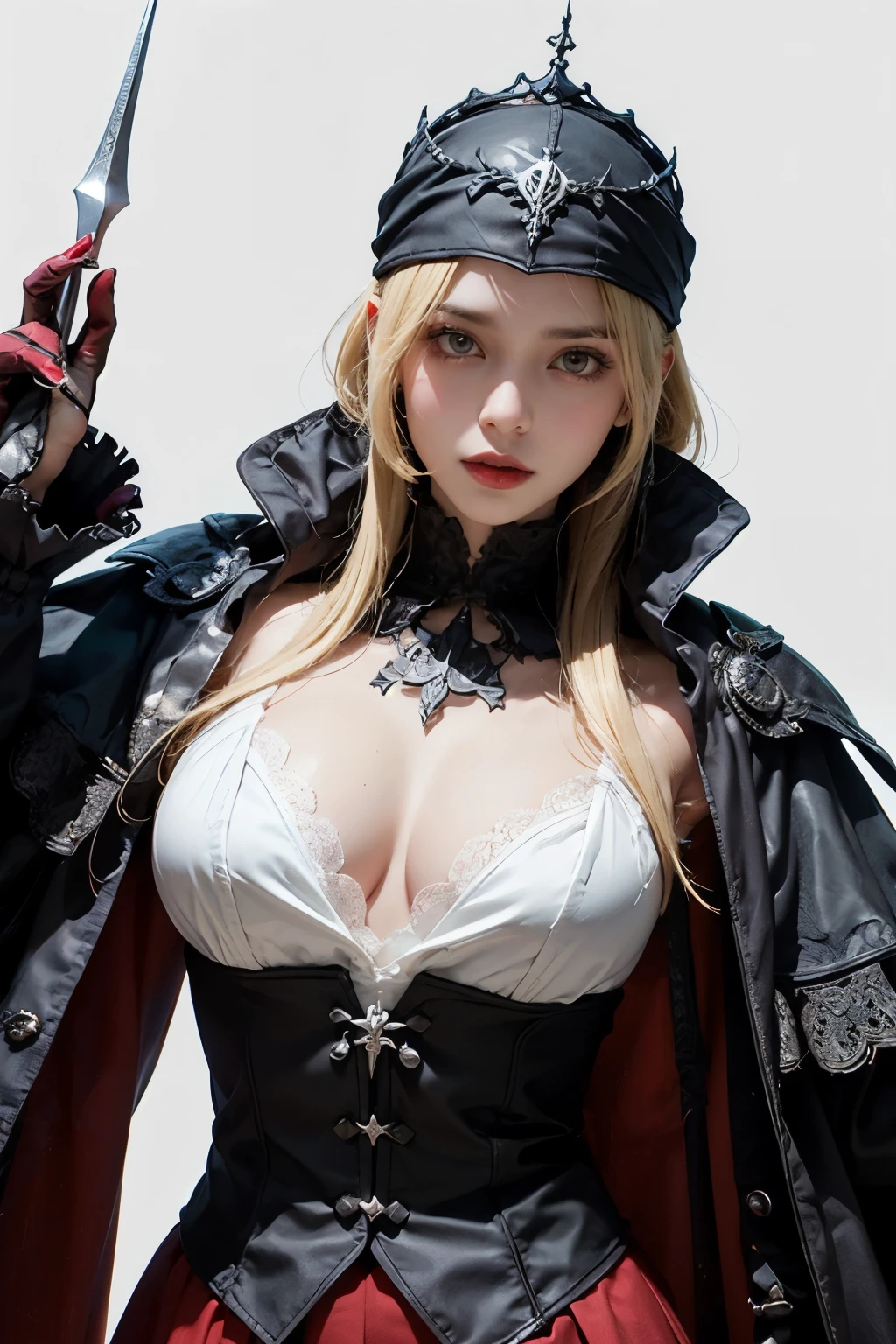 mpts
Copy
A male or female knight，Melon seed face，Yellow hair，diadems, hyper HD, Wide-angle, Bokeh, Wide-angle, 1080p, High details, High quality, Masterpiece, white background, bloodborne inspired, bloodborne, plain white background, gothic attire, gothic, occult aesthestic, occult, whole body, full body, body, ornate mourning wear, templar inspired, red and white clothing, 