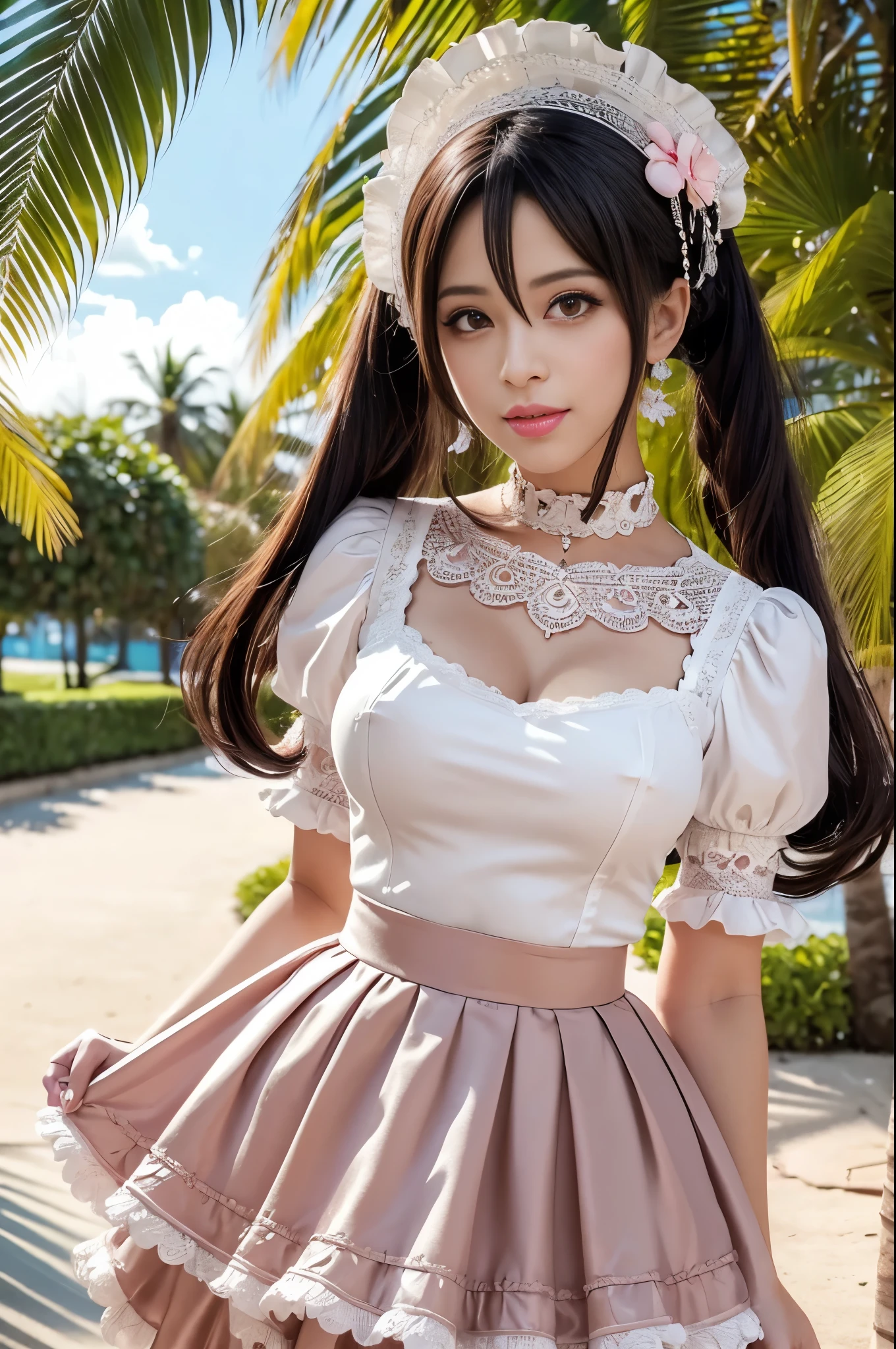 sexy stylish Spanish model, only 1 female, ((doll-like appearance)), full-body Esbian, beautiful smile, detailed eyes, lipgloss, long lashes, defined eyebrows, ((sexy Paradise Kiss cosplay)), bell-shaped skirt, petticoats, high neckline, puffed sleeves, detailed lace, detailed embroidery, intricate details, Paradise Kiss accessoires and matching headpiece, choker, sparkling ((Paradise Kiss jewelry)), look at the camera, cinematic light, detailed large park background with trees