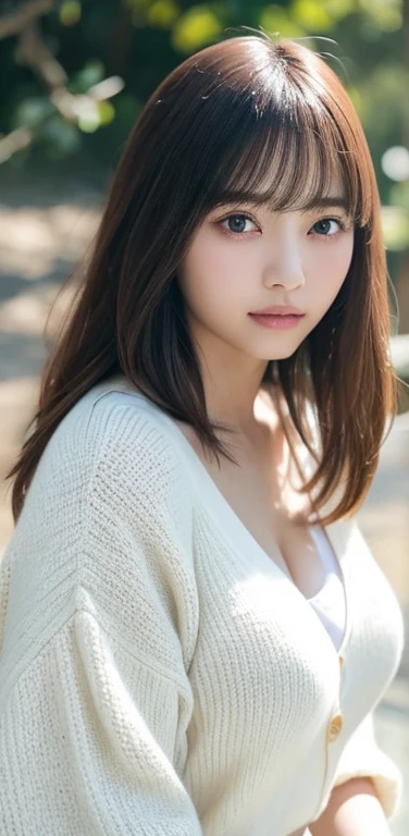 masterpiece, highest quality, 8k, 20th generation, Big Breasts, cute, alone, sad, cute, Girlish,cute 繊細な女の子, cute、Pure beauty, RAW Photos, Professional photography, Portraiture, Soft Light, Professional Lighting, Backlight, avert your eyes, Sophisticated, Film Grain, (Eye and facial details:1.0), Round face、Floating Hair, beautiful, Flowing hair, Asymmetrical bangs、(Big Breasts:1.0)、White cut and sew、pastel cardigan、Micro Mini Skirt、Voluptuous thighs、dolly make、Heterochromia iridis、Midsummer sky、Cumulonimbuidsummer Beach