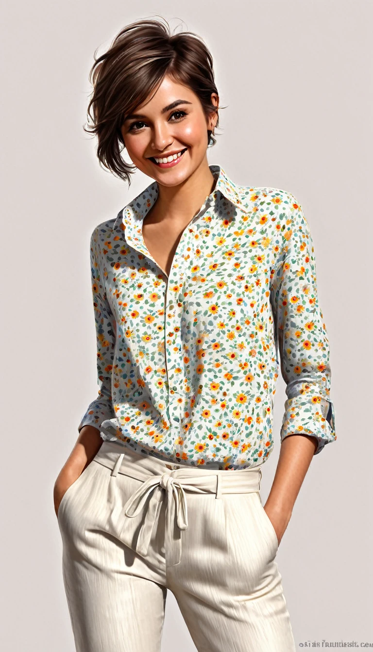 crea una mujer de pelo corto pixie, sonriendo con camisa de cuello alto y pantalon, obra maestra, estilo ilustracion de Ali Erturk, alto detalle, hiperrealista, luz natural,ilustracion , colores llamativos y flores en el fondo