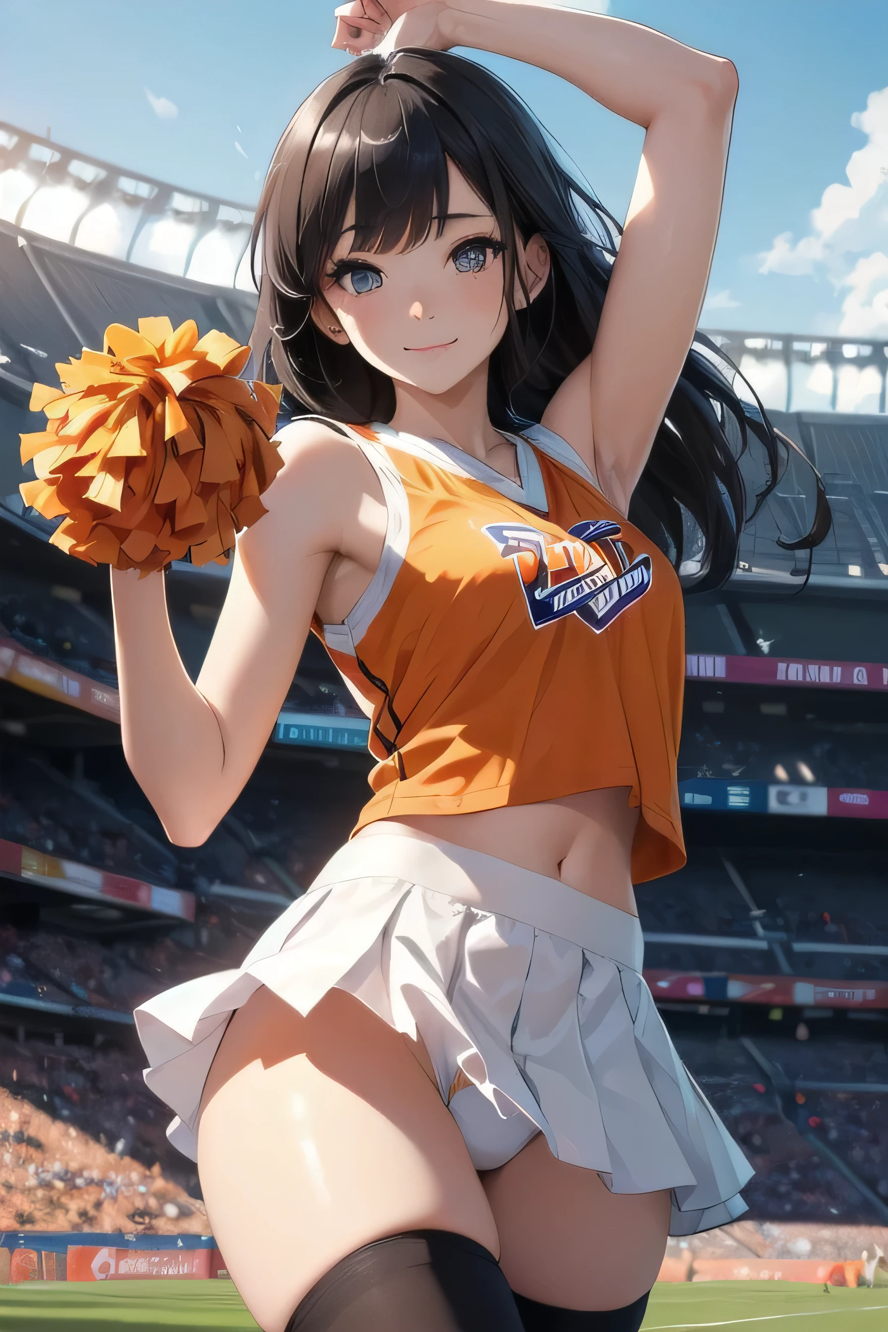 Very cute and beautiful cheerleader girl,(Very exquisite beautiful face and eyes:1.2),(Holding a pom-pom:1.2),(smile),
(Stadium Stands),Cowboy Shot,Dynamic pose,zettai ryouiki,(Sleeveless orange shirt),Beautiful feet,(Skirt flip,White panties),Dynamic Angle,Black Hair,
(highest quality,masterpiece:1.2),Intricate details,Very detailed,Super detailed,High resolution,alone,View Viewer,
Natural light,Hair blowing in the wind,Beautifully detailed skies,
