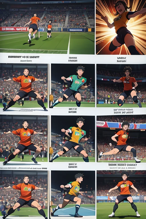 in a bustling and vibrant stadium, a team donning colorful jerseys engages in a thrilling soccer match, 2 players stepping forward for a pivotal penalty kick. The spotlight shines on one player, poised to take the decisive shot, their determined expression etched in striking detail against the comic-style background. Across from them, another player braces for the impact, their body position contorted in a dynamic action pose, showing off the extreme details of the comic aesthetic.
The action unfolds in an 8-panel layout, each panel capturing a different stage of the tension-filled moment: the run-up, the preparation, the kick, the block, and
