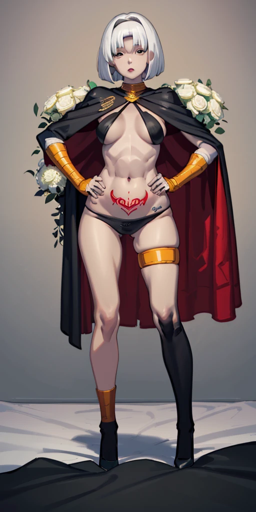 full body female (Warhammer Art Style, Adepta Sororitas, Battle Sister, White hair, bob haircut with bangs. 16k ultra hd, portrait), holding hands a bouquet (both hands) photorealistic, fullbody, bedroom background, royal bedroom, black gloves, black socks, tiara, white hair, laying down on bed, red cape, yellow bikini, high heels, raw photo, DSLR, 8k, 4k, UHD, DSLR, high quality, soft lighting, nikon, canon, hands on hips. red tattoo on belly