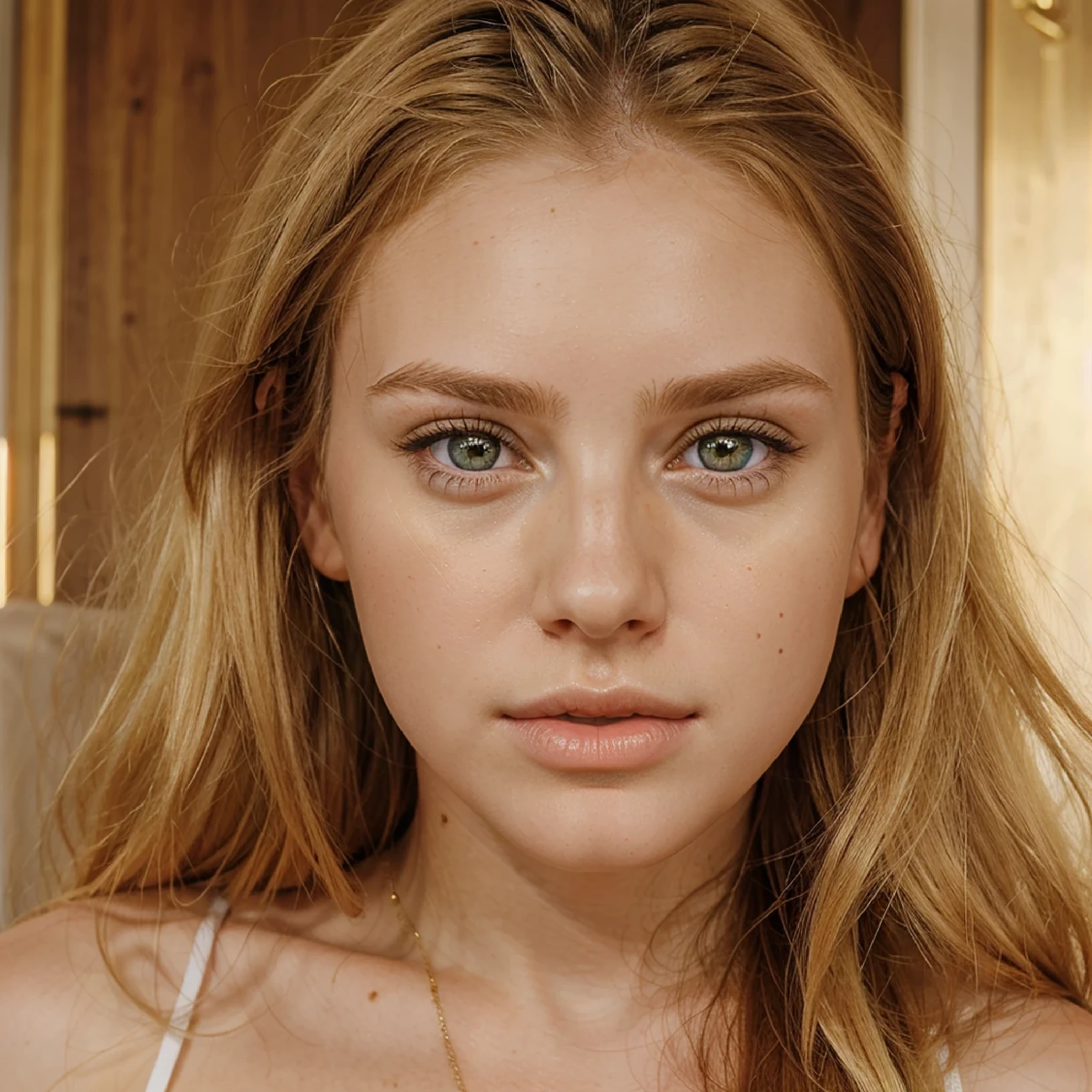 Irish girl, golden eyes, blonde hair, symmetrical face, big lip, perfect face,