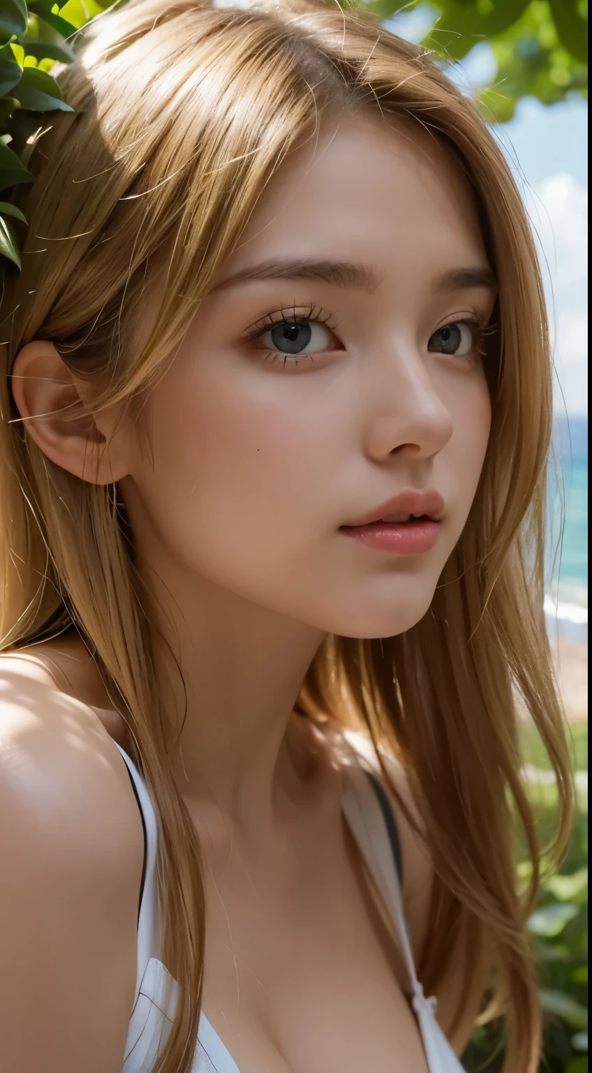 Strong light, Strong contrast, In an open-roofed cave、Sunlight shines through green moss and ferns。, And open( Ocean View:1.1) end, Cel-shaded rendering, 4K, 360 degrees, Equirectangular projection, what, One Girl, 30-year-old woman、Beautiful woman、Long Blonde Hair、White Latex Leotard、White long boots、White arm covers、masterpiece, 最high quality, high quality, High resolution, (((Face close-up)))、Large Breasts、Cleavage、Sexy Looks
