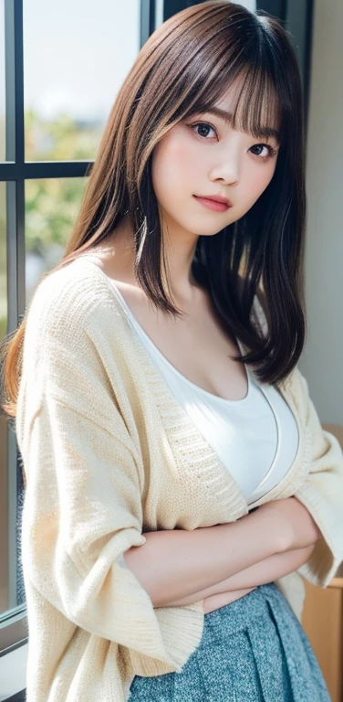 masterpiece, highest quality, 8k, 20th generation, Big Breasts, cute, alone, sad, cute, Girlish,cute 繊細な女の子, cute、Pure beauty,  RAW Photos, Professional photography, Portraiture, Soft Light, Professional Lighting, Backlight, avert your eyes, Sophisticated, Film Grain, (Eye and facial details:1.0), Round face、Floating Hair, beautiful, Flowing hair, Asymmetrical bangs、(Big Breasts:1.0)、White cut and sew、pastel cardigan、Micro Mini Skirt、Voluptuous thighs、dolly make、Heterochromia iridis、Midsummer sky、Cumulonimbuidsummer Beach