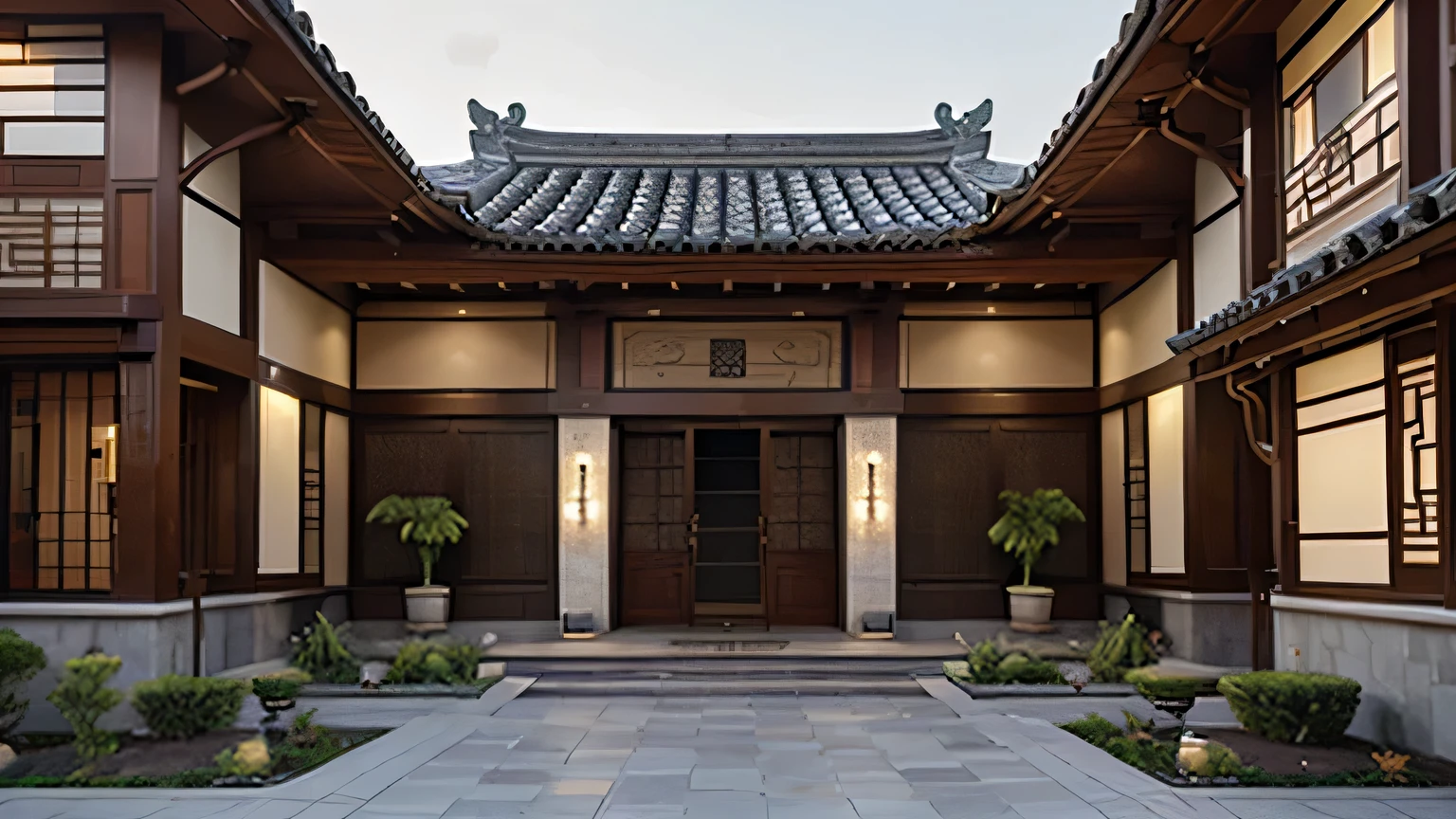 Modern House Incorporating Ancient Chinese Empire Elements
Imagine a modern house that incorporates architectural and decorative elements from the ancient Chinese Empire. Describe the residence in detail, highlighting how traditional and contemporary features blend to create a harmonious and unique environment. Consider the following aspects in your description:
1. External Structure
Shape and Roof: Describe the house structure, including curved roofs with elevated eaves typical of ancient Chinese temples and palaces, but made with modern materials like glass and steel.
Gardens and Landscaping: Include zen gardens with elements such as stones, water, and exotic plants, integrated with modern green areas.
Entrance: Detail a grand entrance with traditional gates adorned with carvings and vibrant colors, possibly combined with automatic doors and high-tech security systems.
2. Interiors
Layout and Space: Combine the open and fluid layout of a modern house with traditional Chinese-style rooms, including halls with carved wooden pillars and high ceilings decorated with lanterns.
Furniture and Decoration: Describe furniture that mixes modern minimalist design with traditional pieces, such as hand-painted screens, carved wooden canopy beds, and low sofas with embroidered silk cushions.
Materials and Finishes: Use a color palette and materials that blend the old and the new – like bamboo wood floors, rice paper walls with LED panels, and lacquer and jade details.
3. Modern Features
Technology: Explain how the house subtly incorporates cutting-edge technology, such as home automation systems integrated into traditional elements, hidden solar panels on the roofs, and smart lighting.
Sustainability: Include aspects of sustainability and energy efficiency, like rainwater harvesting systems inspired by ancient practices but with contemporary technologies.
4. Specific Areas
Kitchen and Dining Room: Describe a modern kitchen with state-of-the-art appliances and a dining room wit