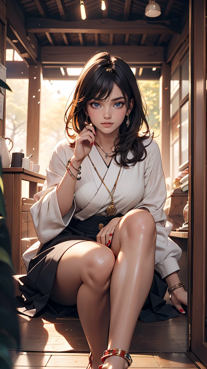 ((最high quality, 8K, masterpiece: 1.3, Ultra HD, high quality, 最high quality, High resolution, realism)) 、A stunningly beautiful 22-year-old Japanese woman、Hair color is indigo、black eye、Medium Hair、Straight Hair、smile、Slender but well-proportioned body、Background blur((depth of field))、Aerial perspective((atmospheric perspective))、I want my head to stay off screen、Put an anklet on your ankle、Wearing red nail polish、I'm getting a pedicure、Make a chignon、kimono、autumn leaves