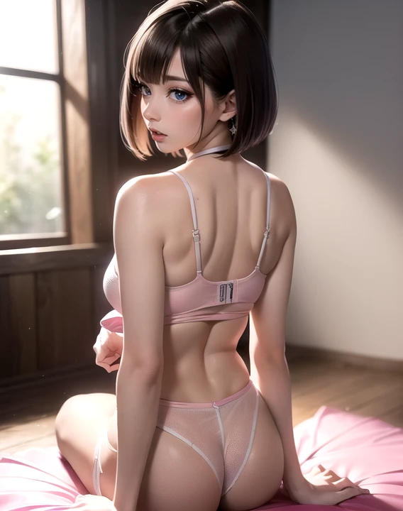 16 year old Japanese girl,(非常にdetailedな肌),Curvy,,美しいBig Breasts,(Big Breasts),Pale skin,Pointed Chest,Erect nipples,(Fantasy art,Best image quality,Hyperrealist portrait,(8k),Ultra-realistic,最high quality, high quality, High resolution, high quality texture,Attention to detail,Beautiful details,detailed,Extremely detailed CG,detailed Texture,Realistic facial expressions,masterpiece,in front,dynamic,bold),(((short pixie cut))),(Very thin hair),(Very soft hair),(Super Straight Hair:1.5),length, sleek bangs,Very light coppery amber hair,Hair in one eye、((((Wear a tight-fitting, sheer white tank top)))(((Nipples visible through the fabric))(((Wearing pink dolphin shorts)))(((The crotch area is out of place, Expose the genitals)))、(((detailedな性器の描写)))(((Depiction of beautiful fingers)))　(((Beautiful body depiction)))　(((On all fours, Kneel)))　(((Lifting the buttocks high)))、(((Emphasise the anus and genitals)))、(((Emphasise the exposure of genitals)))、whole bodyを描く、whole body、(((Get on all fours with your hands on the floor)))(((Rear View)))、(((Ass close up)))(((Photo from directly behind)))(((Correct ankle orientation)))(((The correct number of legs)))