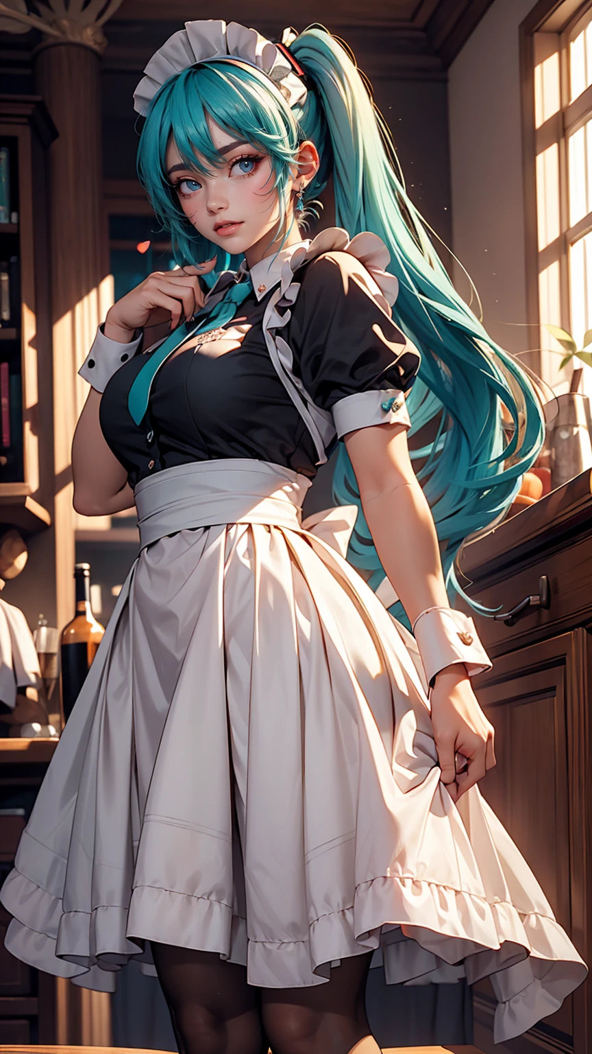 (((Maid clothes)))), (((big)))), Drunk Eyes, Hatsune Miku,