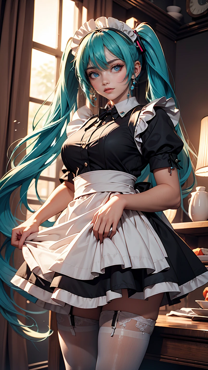 (((Maid clothes)))), (((big)))), Drunk Eyes, Hatsune Miku,