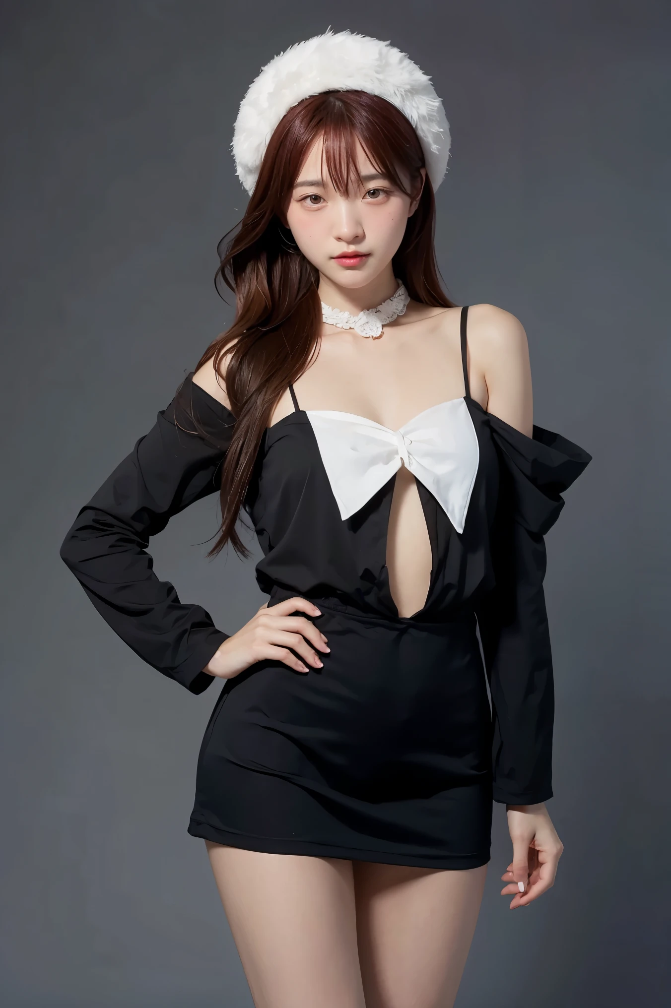 1girl, black  random formal attire, white background, 