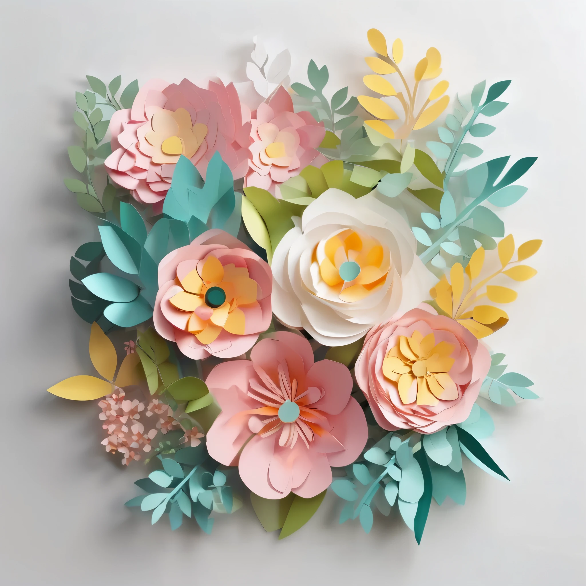 Design illustration, delicate flowers bouquet on a white background, centered in the scene, flowers with vegetation,frontal view, papercraft design, kirigami style, detailed folds, soft color palette, natural light, masterful craft, intrincated,4k, sharp focus, perfect paperfold,