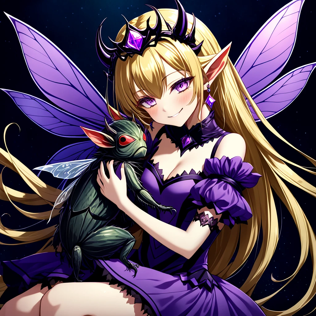 ((highest quality)), ((masterpiece)), (detailed), （Perfect Face）、（The woman was a purple fly demon called Extia Spica with medium-long blonde hair, a deformed fly demon similar to Beelzebub, the demon king of flies, with fly antennae and four transparent fly wings growing from her back, fly-like body hair growing from her, and a fly-decorated engagement ring on her arm.２She is carried in the princess carry position by Beelzebub, the great demon king of flies, who has a book and four thin fly-like arms, and is loved by him while he gives her deep kisses.）、She became the wife of the Demon King of flies and became a demon of flies with a smile, and gained the same fly antennae and transparent eyes as the Demon King.４The body of the fly is purple with black borders.々The stinging like that of a dead fly々The woman is wearing a cute devil dress, a fly-themed tiara, fly earrings and other accessories all with a fly motif, and is carried in a princess carry by Beelzebub, the Demon King of the Flies. She smiles happily and hugs him and kisses him. She is loved and favored by Beelzebub, the Demon King of the Flies.、The man is Beelzebub, the monstrous demon king of flies, and caresses the woman, lifting her up in a princess carry, embracing her, rubbing her cheeks with him, kissing her and showing her affection.、（Demon King２He has one arm and four thin fly arms, and with those six arms he holds the woman tightly in a princess carry and kisses her deeply, pressing her against him.）