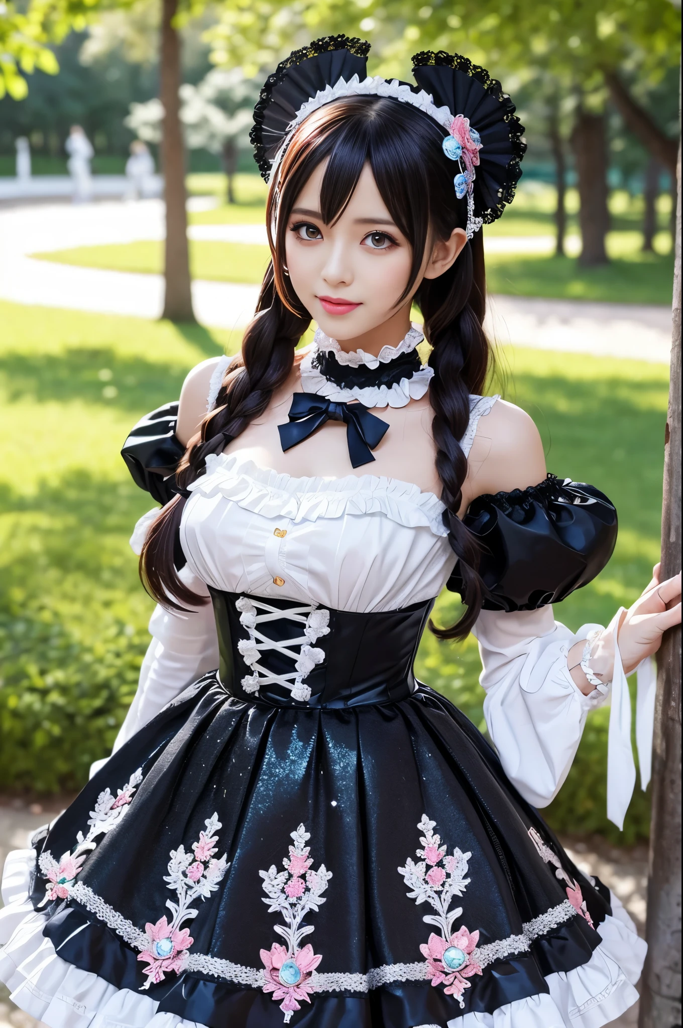 sexy stylish Swedish model, only 1 female, ((doll-like appearance)), full-body shot, beautiful smile, ultra detailed eyes, vivid eye makeup, lipgloss, long lashes, defined eyebrows, ((sexy Paradise Kiss cosplay)), bell-shaped skirt, petticoats, high neckline, puffed sleeves, detailed lace, detailed embroidery, intricate details, Paradise Kiss accessoires and matching headpiece, choker, ((large sparkling Paradise Kiss jewelry)), look at the camera, cinematic light, detailed large park background with trees
