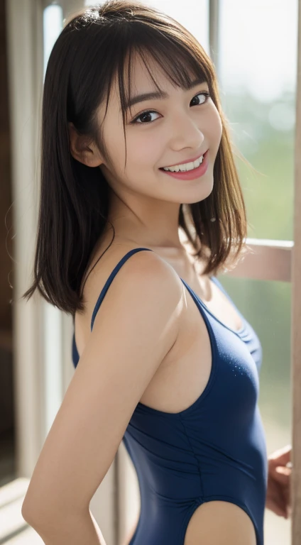((highest quality, 8k, masterpiece:1.3, 1 girl, beautiful girl)), High resolution, cute, dynamism, Detailed face, Detailed skin, Fine grain, Detailed lips, Realistic, RAW Photos, Natural light, Perfect Anatomy, Dynamic pose, Round ass, Toned Legs, double eyelid, Tear bags, Round eyes, Moist lips, Mouth details, Detailed tongue, Japanese Girls, Black Hair, bangs, (One piece school swimsuit), Racecourse, indoor, Detailed clothing, Sweaty, Wet clothes, Wet Hair, smile, short hair
