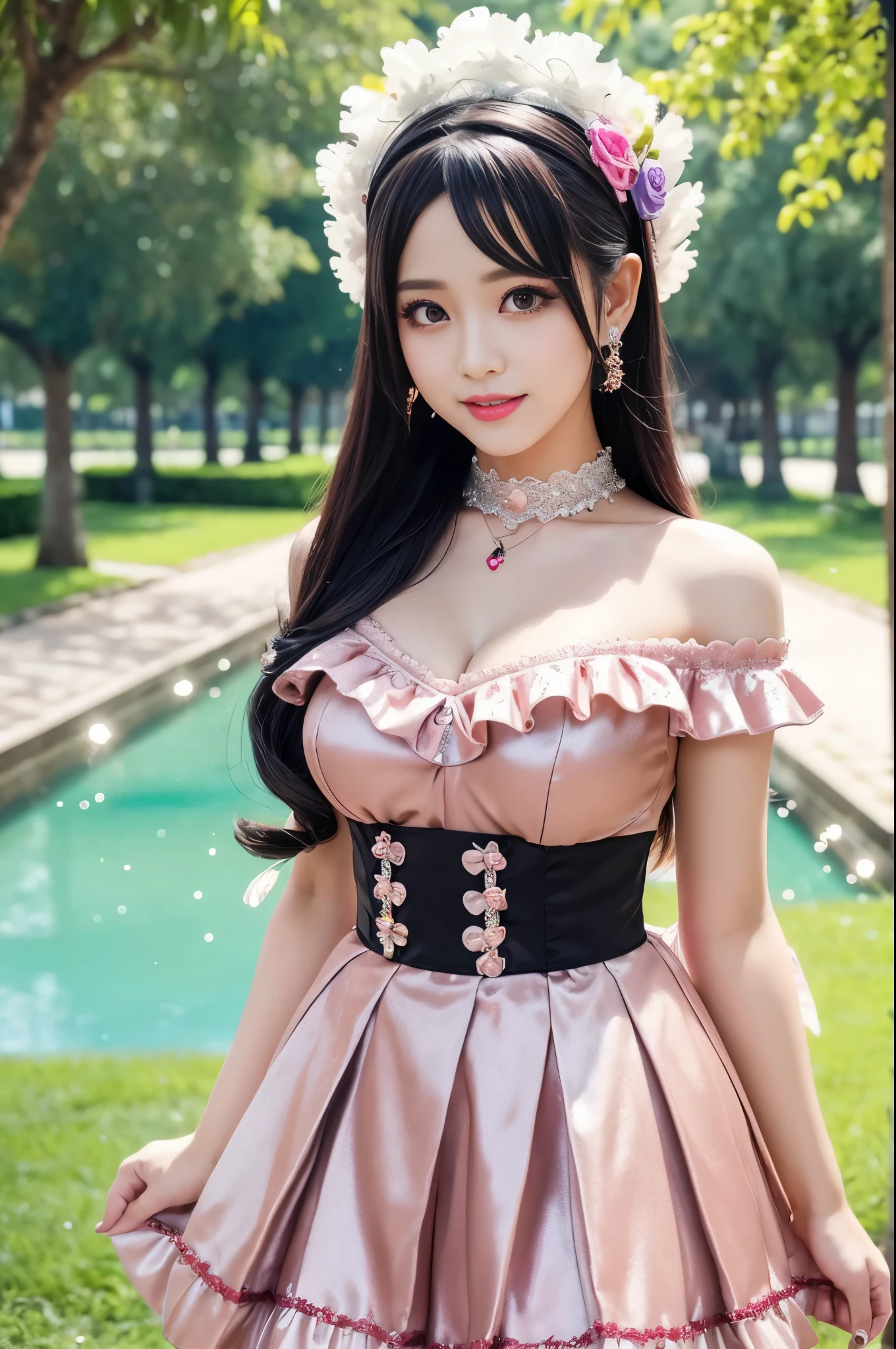sexy stylish Indonesian model, only 1 female, ((doll-like appearance)), full-body shot, beautiful smile, ultra detailed eyes, vivid eye makeup, lipgloss, long lashes, defined eyebrows, ((sexy Paradise Kiss cosplay)), bell-shaped skirt, petticoats, high neckline, puffed sleeves, detailed lace, detailed embroidery, intricate details, Paradise Kiss accessoires and matching headpiece, choker, ((large sparkling Paradise Kiss jewelry)), look at the camera, cinematic light, detailed large park background with trees 
