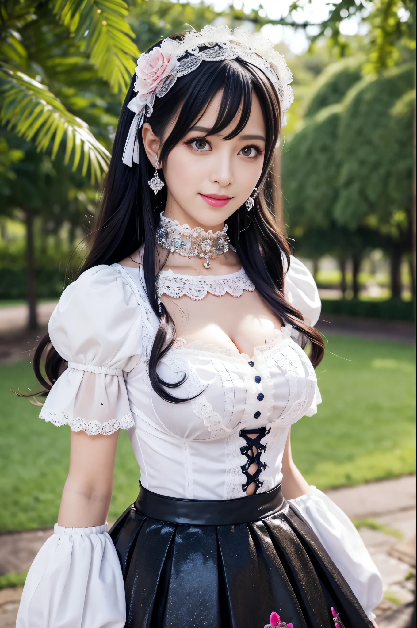 sexy stylish Swedish model, only 1 female, ((doll-like appearance)), full-body shot, beautiful smile, ultra detailed eyes, vivid eye makeup, lipgloss, long lashes, defined eyebrows, ((sexy Paradise Kiss cosplay)), bell-shaped skirt, petticoats, high neckline, puffed sleeves, detailed lace, detailed embroidery, intricate details, Paradise Kiss accessoires and matching headpiece, choker, ((large sparkling Paradise Kiss jewelry)), look at the camera, cinematic light, detailed large park background with trees