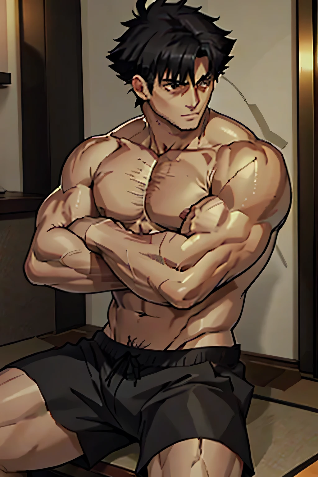 Kiritsugu is sitting and showing his abs. He wears black shorts. You can see his thighs. He looks stoic and serious. He has huge veins on his arms. He is shirtless.