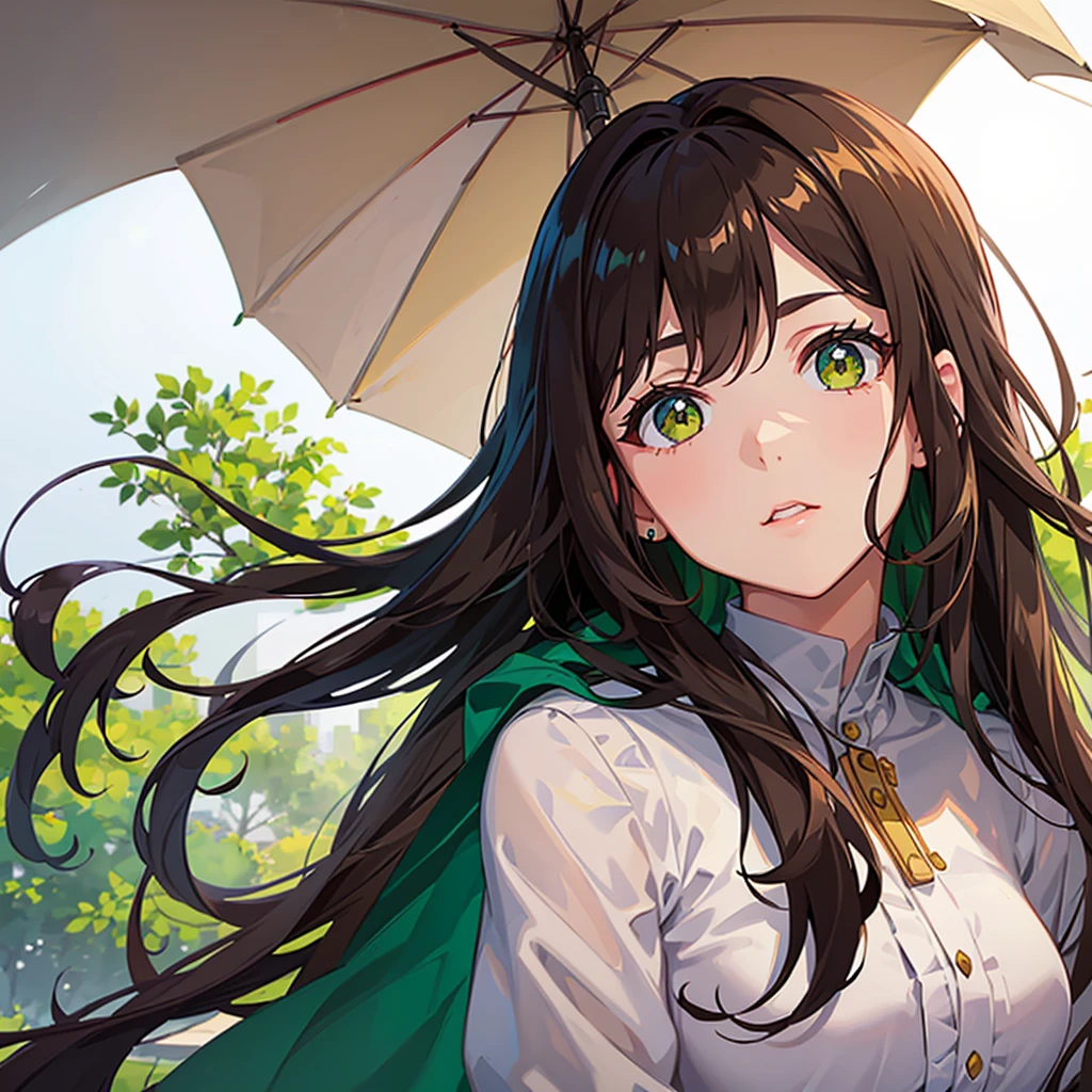 A beautiful girl with wide round green eyes and long dark brown haor with a bang