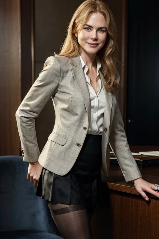 Nicole Kidman wearing a blazer with a skirt and tights and smiling