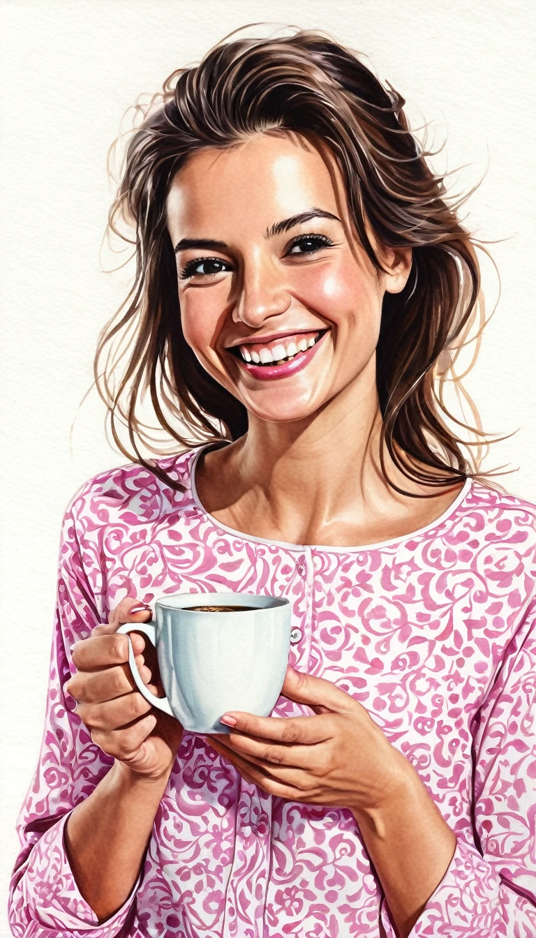 crea una mujer sonriendo ,con camisa rosa , con una taza de cafe en la mano , estilo ilustracion de Ali Erturk, alto detalle, , luz natural,ilustracion , colores llamativos
