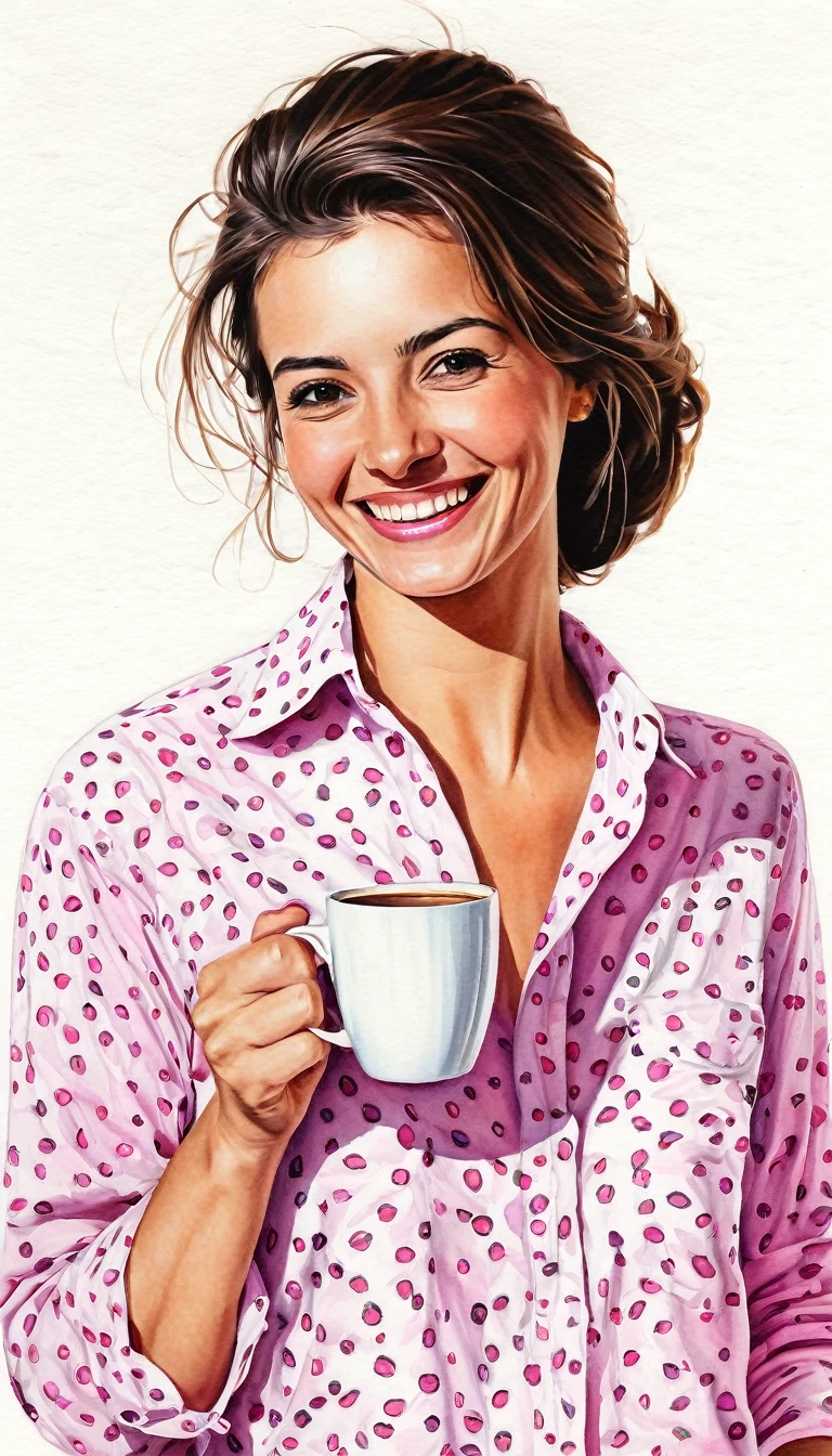 crea una mujer sonriendo ,con camisa rosa , con una taza de cafe en la mano , estilo ilustracion de Ali Erturk, alto detalle, , luz natural,ilustracion , colores llamativos