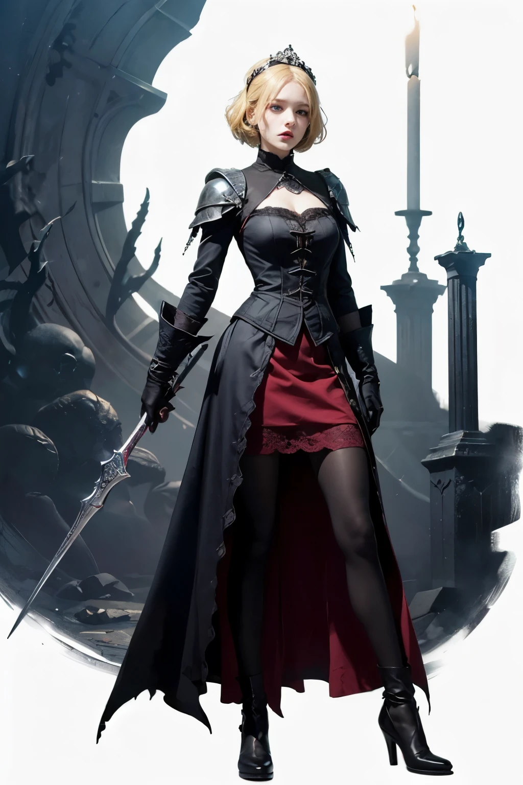 mpts
Copy
A male or female knight，Melon seed face，Yellow hair，diadems, hyper HD, Wide-angle, Bokeh, Wide-angle, 1080p, High details, High quality, Masterpiece, white background, bloodborne inspired, bloodborne, plain white background, gothic attire, gothic, occult aesthestic, occult, whole body, full body, body, ornate mourning wear, templar inspired, red and white clothing, 