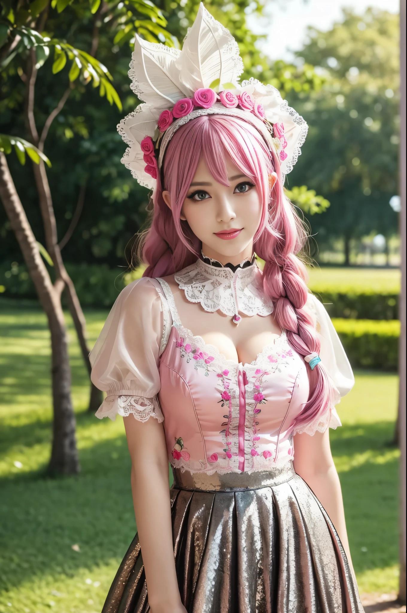 sexy stylish Swedish model, only 1 female, ((doll-like appearance)), long neon pink flowing hair, full-body shot, beautiful smile, ultra detailed eyes, vivid eye makeup, lipgloss, long lashes, defined eyebrows, ((sexy Paradise Kiss cosplay)), bell-shaped skirt, petticoats, high neckline, puffed sleeves, (( ultra detailed lace)), ((ultra detailed embroidery)), intricate details, Paradise Kiss accessoires and matching headpiece, choker, ((large sparkling Paradise Kiss jewelry)), look at the camera, cinematic light, detailed large park background with trees