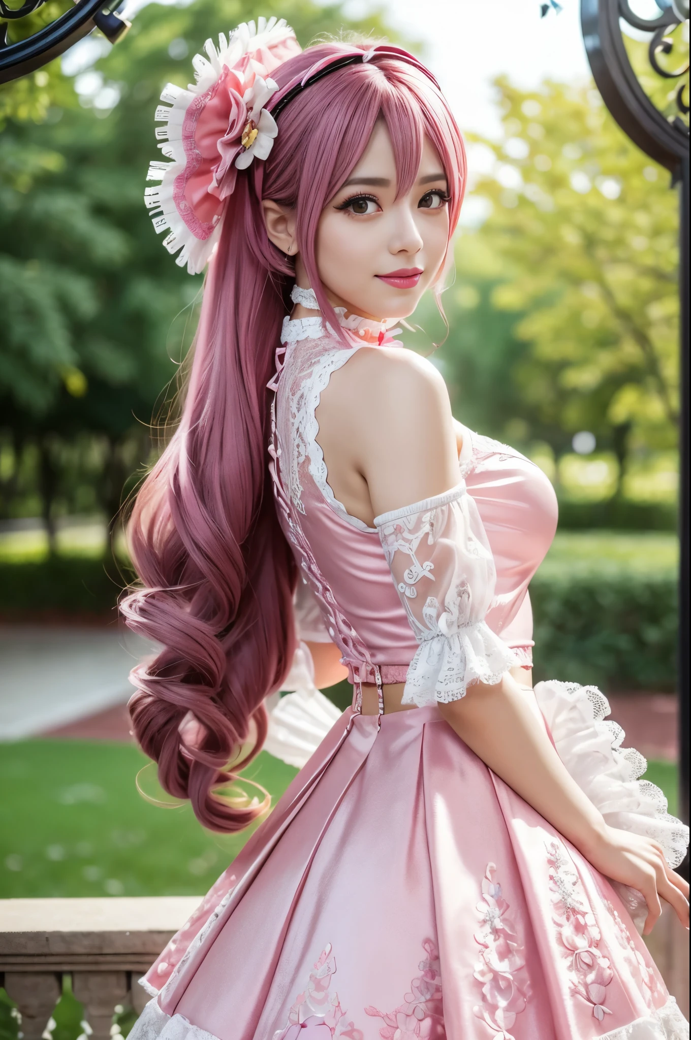 sexy stylish Spanish model, only 1 female, ((doll-like appearance)), long neon pink flowing hair, full-body shot, beautiful smile, ultra detailed eyes, vivid eye makeup, lipgloss, long lashes, defined eyebrows, ((sexy Paradise Kiss cosplay)), bell-shaped skirt, petticoats, high neckline, puffed sleeves, (( ultra detailed lace)), ((ultra detailed embroidery)), intricate details, Paradise Kiss accessoires and matching headpiece, choker, ((large sparkling Paradise Kiss jewelry)), look at the camera, cinematic light, detailed large park background with trees 