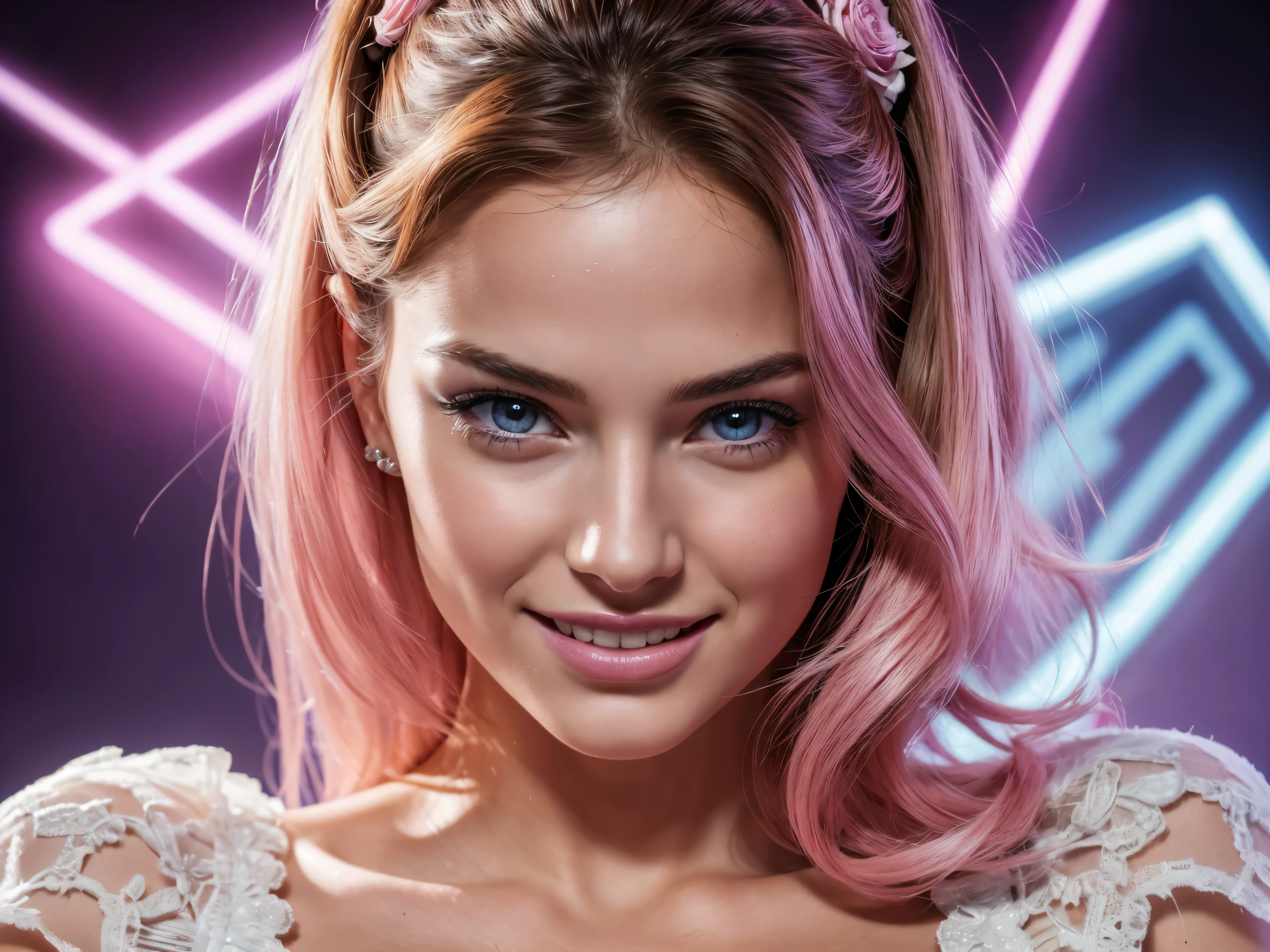 a marvel movie villain, superbe jeune jeune femme, photo du visage, longs cheveux blancs avec des mèches roses fluo, cheveux dans le vent, sourire, vêtements rose et blanc, crazy background with light shows, bright neon colors, background variation of white and pink, (Best quality,4k,high resolution,masterpiece:1.2),ultra-detailed,(Realistic,photoRealistic,photo-Realistic:1.37),complexe, detailed face, yeux magnifiques