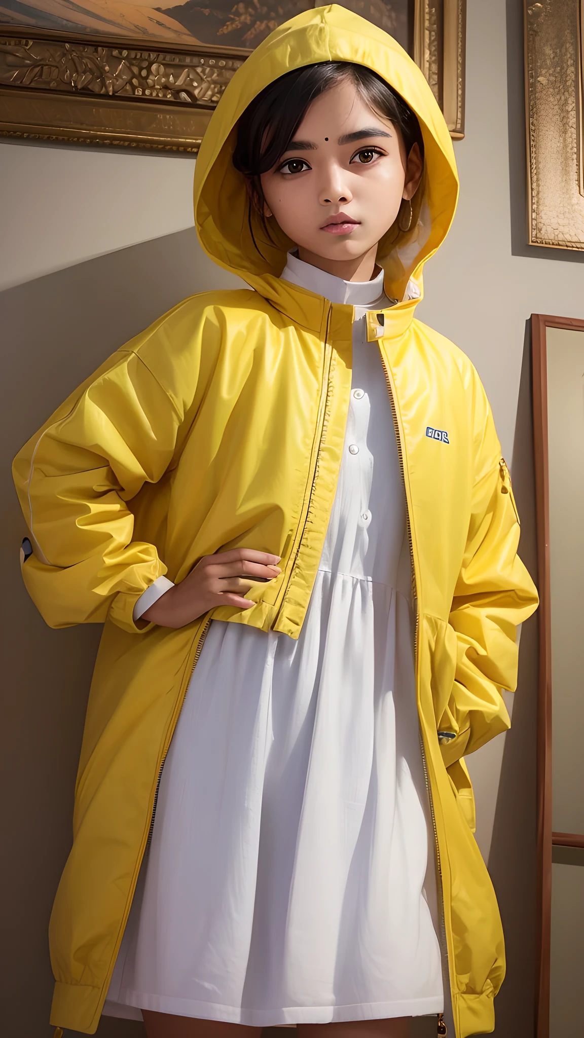 A graceful Indian cute  wearing an yellow jaket, standing on sky cloud The style is photorealistic, capturing every detail with a Canon EOS 5D Mark IV. Lens: Canon EF 50mm f/1.4 USM