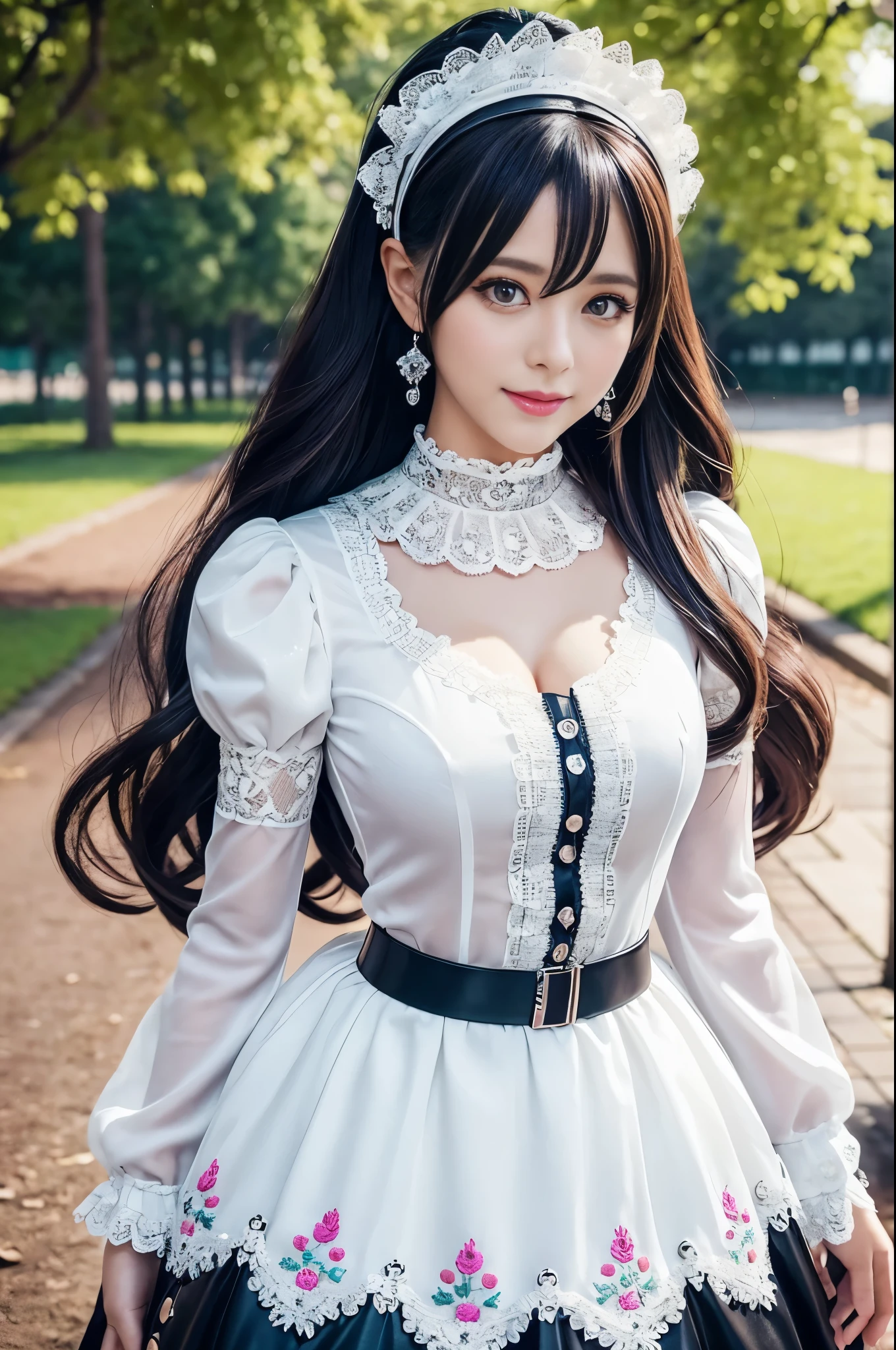 sexy stylish Swedish model, only 1 female, ((doll-like appearance)), full-body shot, beautiful smile, ultra detailed eyes, vivid eye makeup, lipgloss, long lashes, defined eyebrows, ((sexy Paradise Kiss cosplay)), bell-shaped skirt, petticoats, high neckline, puffed sleeves, (( ultra detailed lace)), ((ultra detailed embroidery)), intricate details, Paradise Kiss accessoires and matching headpiece, choker, ((large sparkling Paradise Kiss jewelry)), look at the camera, cinematic light, detailed large park background with trees