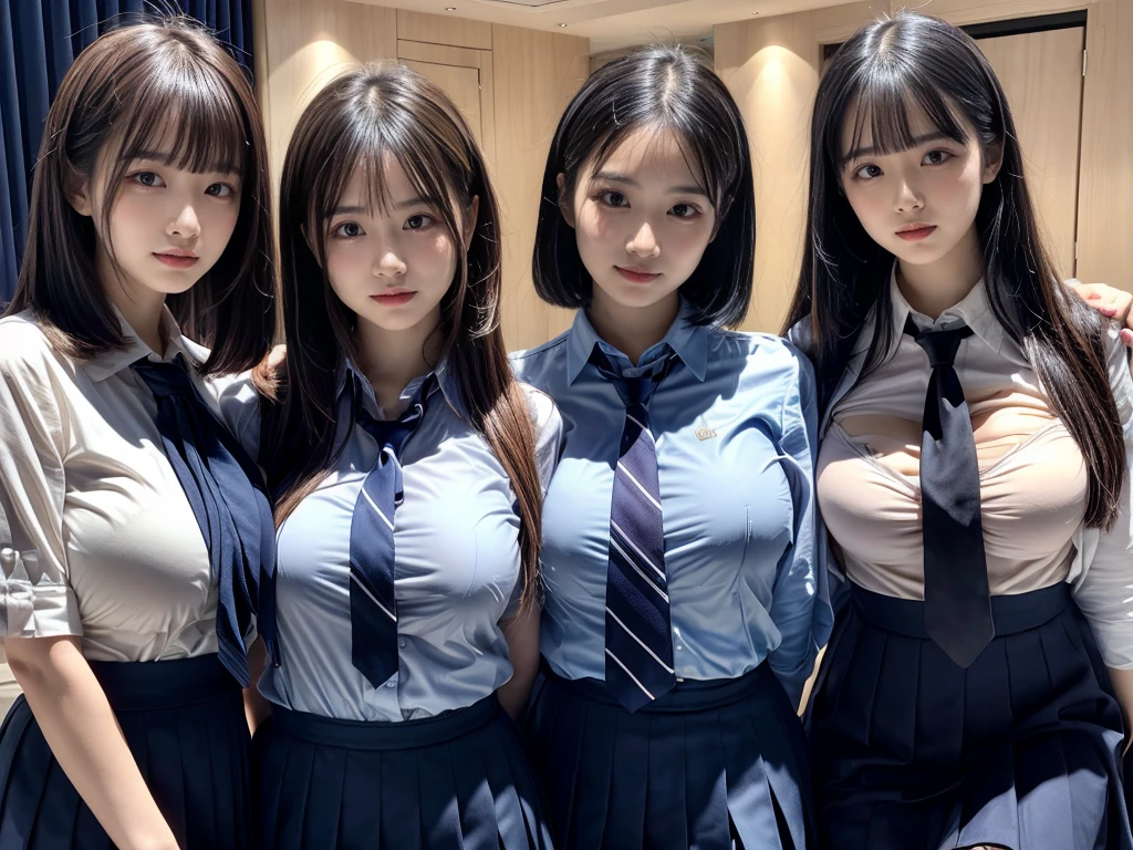 (8K, Raw photography, top-quality, ​masterpiece:1.2),  ((3 beatiful girls))、.（Realistic Skins 1.4）、（（（female high-school student、School Uniforms、）））、{{‎(The background is a luxury hotel room}}（（School Uniforms、white Cutter shirt、darkblue pleatedskirt))、（(long hair)）、((One has short hair)),（A dark-haired、The forehead is hidden by bangs、）、Black eyes、shinny skin.Beautiful delicate face、Beautiful delicate eyes、｛Voluptuous body shape、Thicker thighs｝、One piercing in each ear,((large breasts)), ((navy blue tie)) ,looking at camera, ((close up))