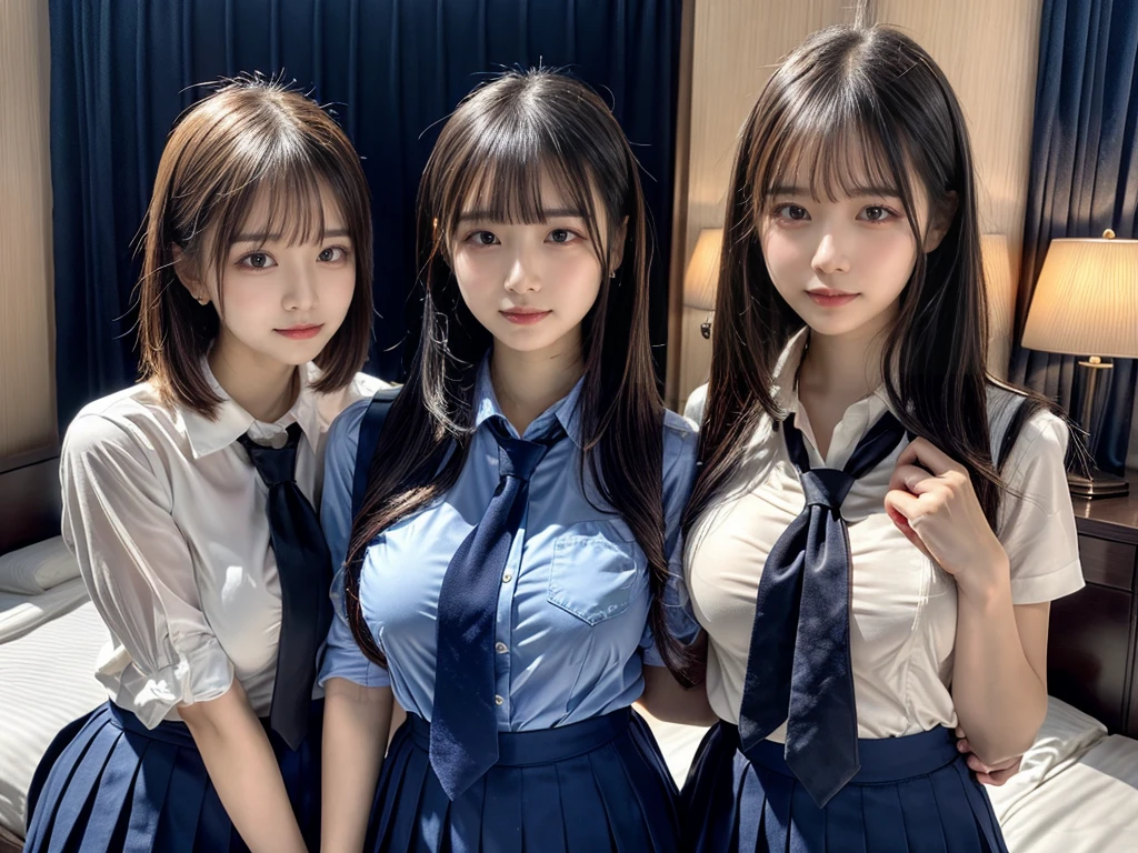 (8K, Raw photography, top-quality, masterpiece:1.2), ((3 beatiful girls))、.(Realistic Skins 1.4)、(((female high-school student、School Uniforms、)))、{{(The background is a luxury hotel room}}((School Uniforms、white Cutter shirt、darkblue pleatedskirt))、((long hair))、((One has short hair)),(A dark-haired、The forehead is hidden by bangs、)、Black eyes、shinny skin.Beautiful delicate face、Beautiful delicate eyes、{Voluptuous body shape、Thicker thighs}、One piercing in each ear,((large breasts)), ((navy blue tie)) ,looking at camera, ((close up))