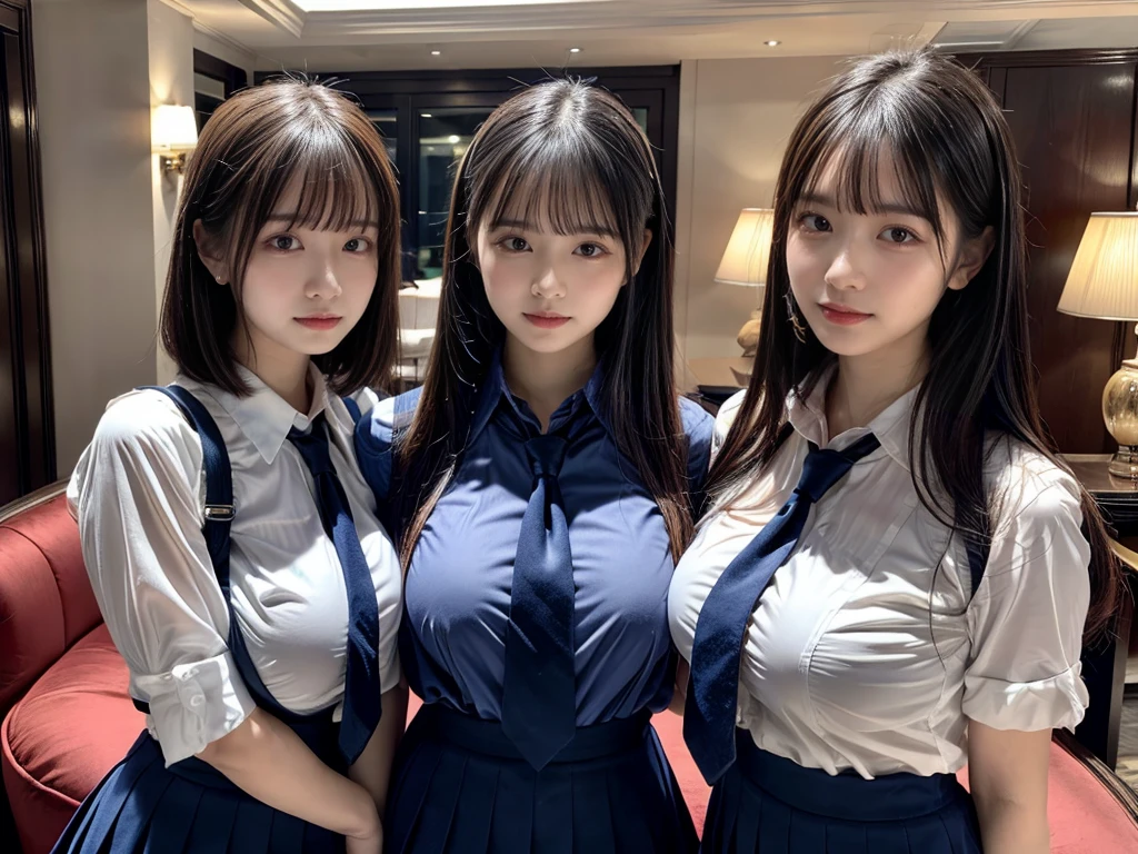 (8K, Raw photography, top-quality, masterpiece:1.2), ((3 beatiful girls))、.(Realistic Skins 1.4)、(((female high-school student、School Uniforms、)))、{{(The background is a luxury hotel room}}((School Uniforms、white Cutter shirt、darkblue pleatedskirt))、((long hair))、((One has short hair)),(A dark-haired、The forehead is hidden by bangs、)、Black eyes、shinny skin.Beautiful delicate face、Beautiful delicate eyes、{Voluptuous body shape、Thicker thighs}、One piercing in each ear,((large breasts)), ((navy blue tie)) ,looking at camera, ((close up))