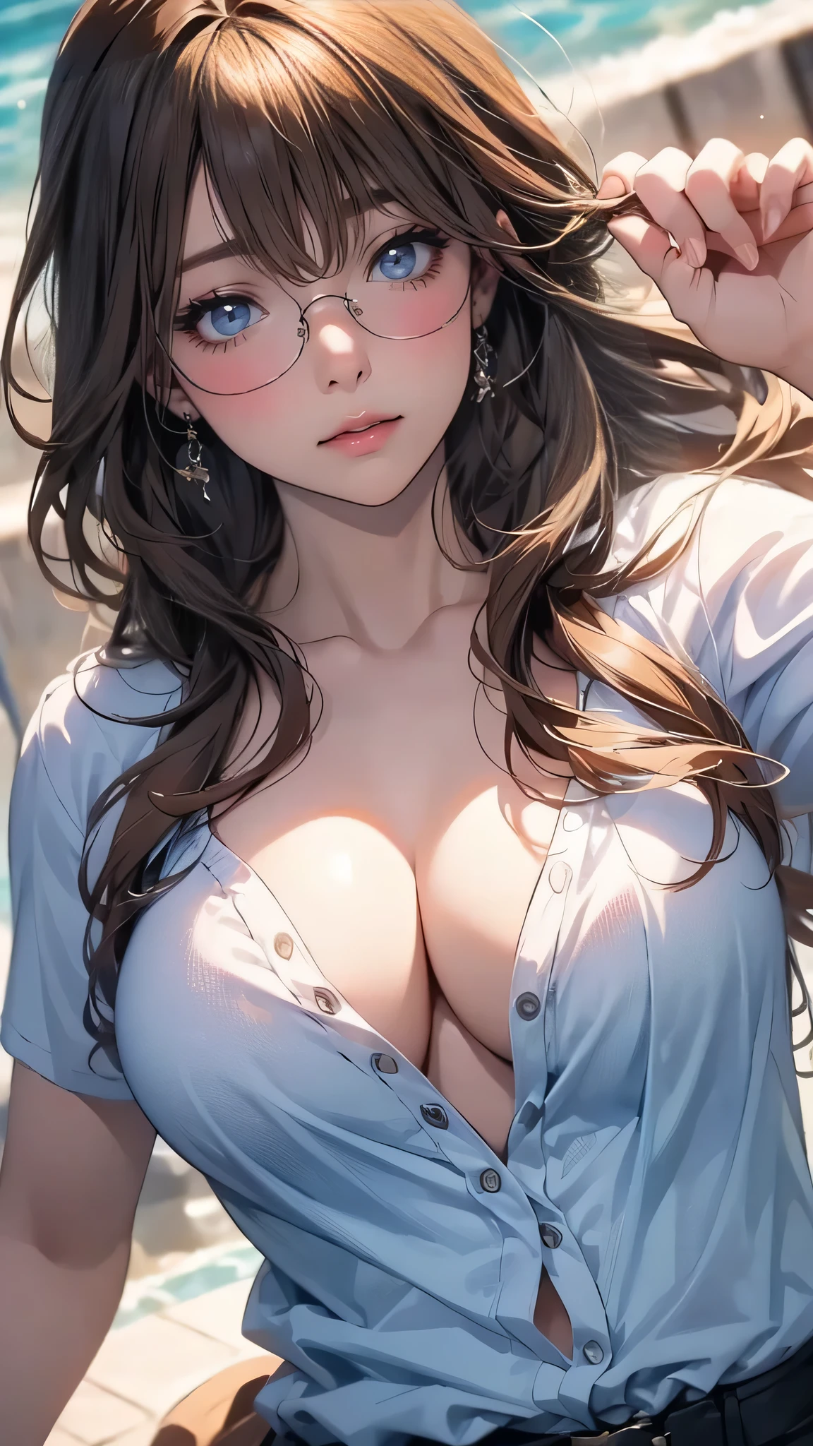 from above,overhead shot,onsen,(lying),(on back),baggy t-shirt,swimsuit,(random Lively pose),(Thin type),(large breasts),(random hairstyle),(Highest image quality, (8K), Ultra-realistic, Best Quality, High quality, High Definition, high quality texture, high detailing, Beautiful detailed, fine detailed, extremely details CG, Detailed texture, realistic representation of face, masterpiece, presence),(wearing glasses:1.5)