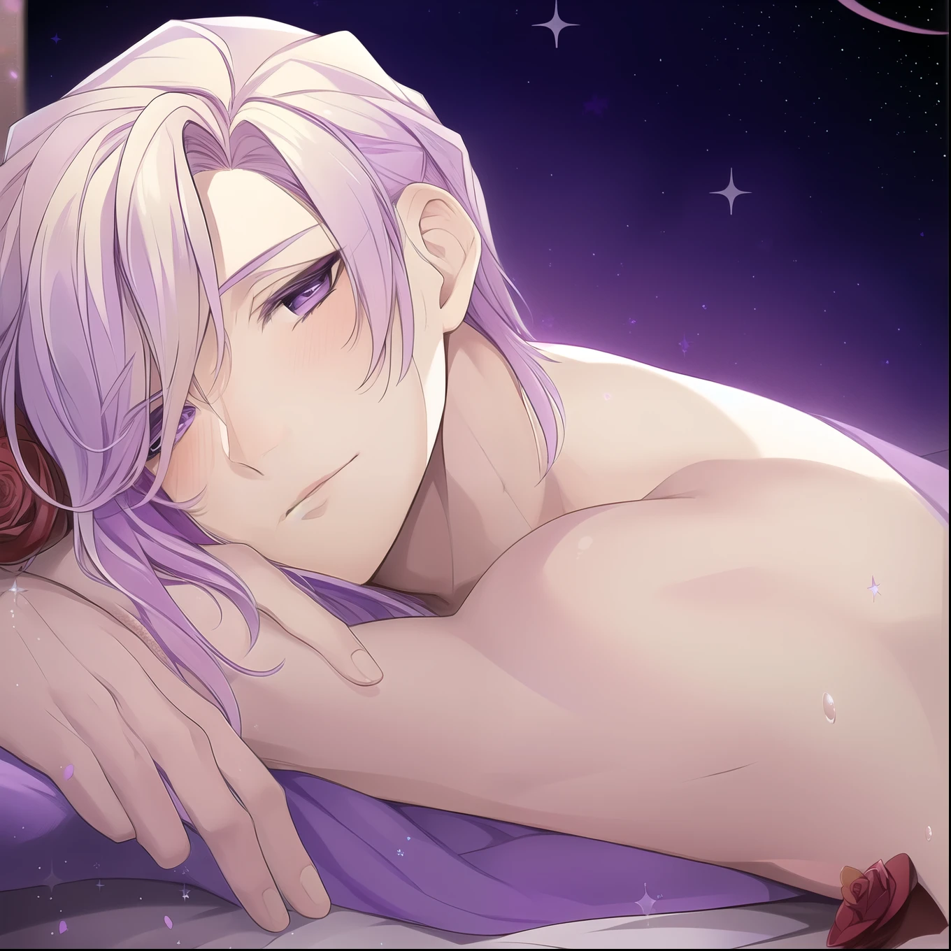 1guy, nude, abs, blonde hair, purple eyes, purple highlights, best quality, highres, Vil Schoenheit, soft smile, blushing, lying on bed, red rose petals, starry night, night background, masterpiece