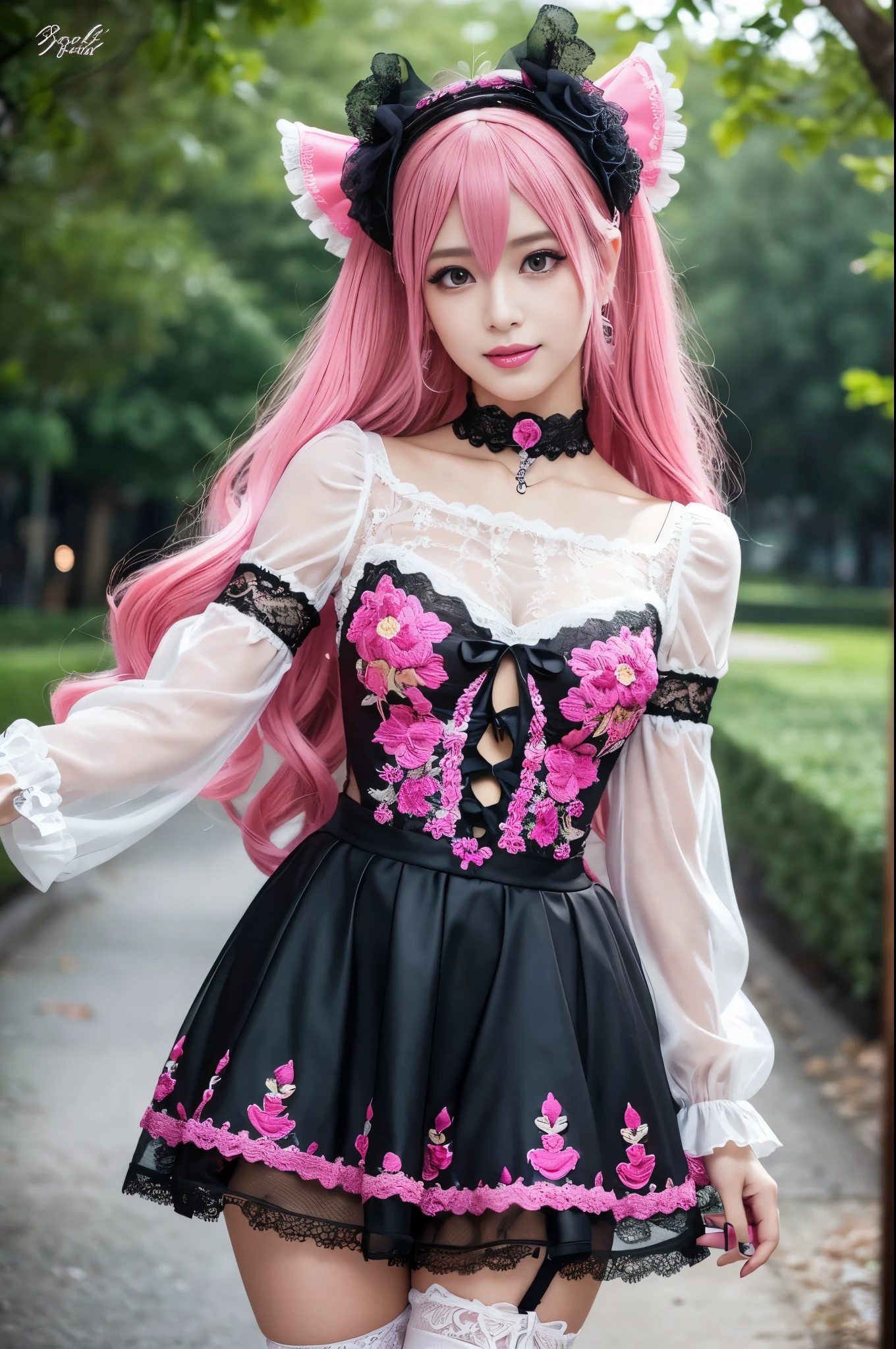 sexy stylish Spanish model, only 1 female, ((doll-like appearance)), long neon pink flowing hair, full-body shot, beautiful smile, ultra detailed eyes, vivid eye makeup, lipgloss, long lashes, defined eyebrows, ((sexy Paradise Kiss cosplay)), bell-shaped skirt, petticoats, high neckline, puffed sleeves, (( ultra detailed lace)), ((ultra detailed embroidery)), intricate details, Paradise Kiss accessoires and matching headpiece, choker, ((large sparkling Paradise Kiss jewelry)), look at the camera, cinematic light, detailed large park background with trees