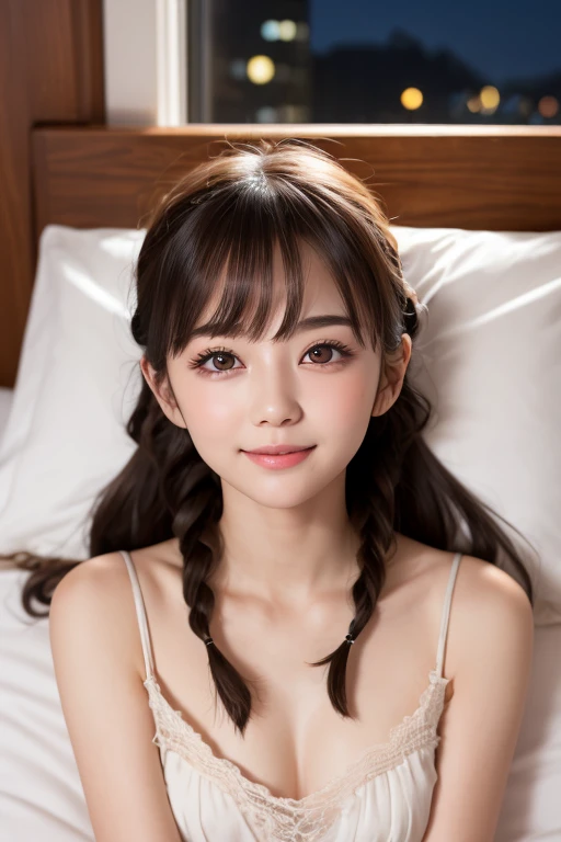 1 Girl, Lovely, Smile, Sundress, lamp, Upper Body,close up, 8K, original photo, best quality, masterpiece,Practical, photo-Practical, Parted bangs, long hair, Two braids,No