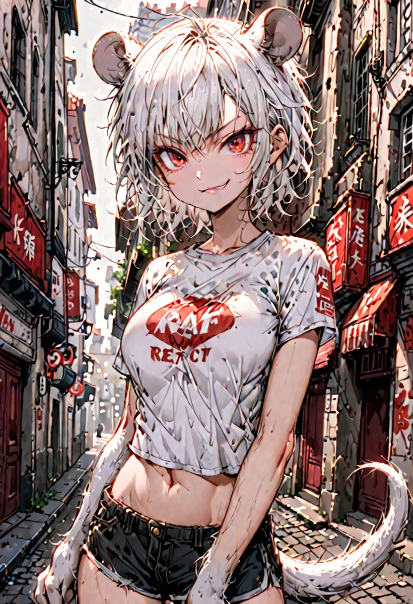 solo, female, sfw, medium shot, tiny, 4 ft, rat tail, rat paws, white fur, fur on forearms, large rat ears, slim, large breasts, red eyes, white hair, old city, short shorts, midriff, t-shirt, short shirt:1.3, smirk, very short hair, messy hair