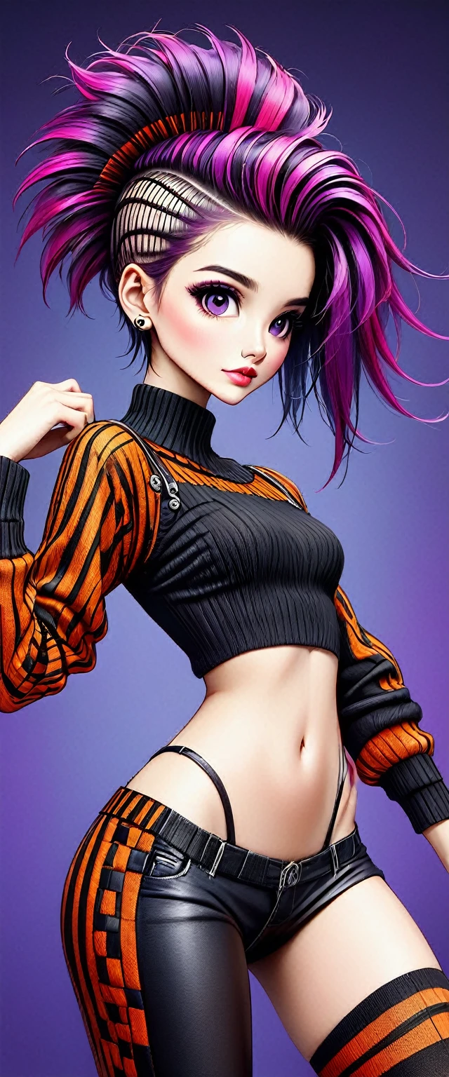 chica Modelo, Profesional:1.6, (mejor calidad,4k,8K,high resolution,obra maestra:1.2),ultra detallado,realista,estilo punk,moda punk,((tiro de cuerpo completo:1.5,tiro general:1.5)), rebelde,ropa con pinchos,Accesorios de cadena, rebelde pose,mohawk alto,cabello violeta,vistoso,fondo nervioso,studio lighting,dynamic pose y elegante