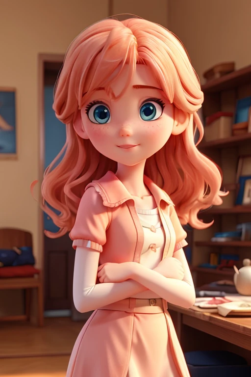 Girl, peach hair, pale skin, aqau blue eyes