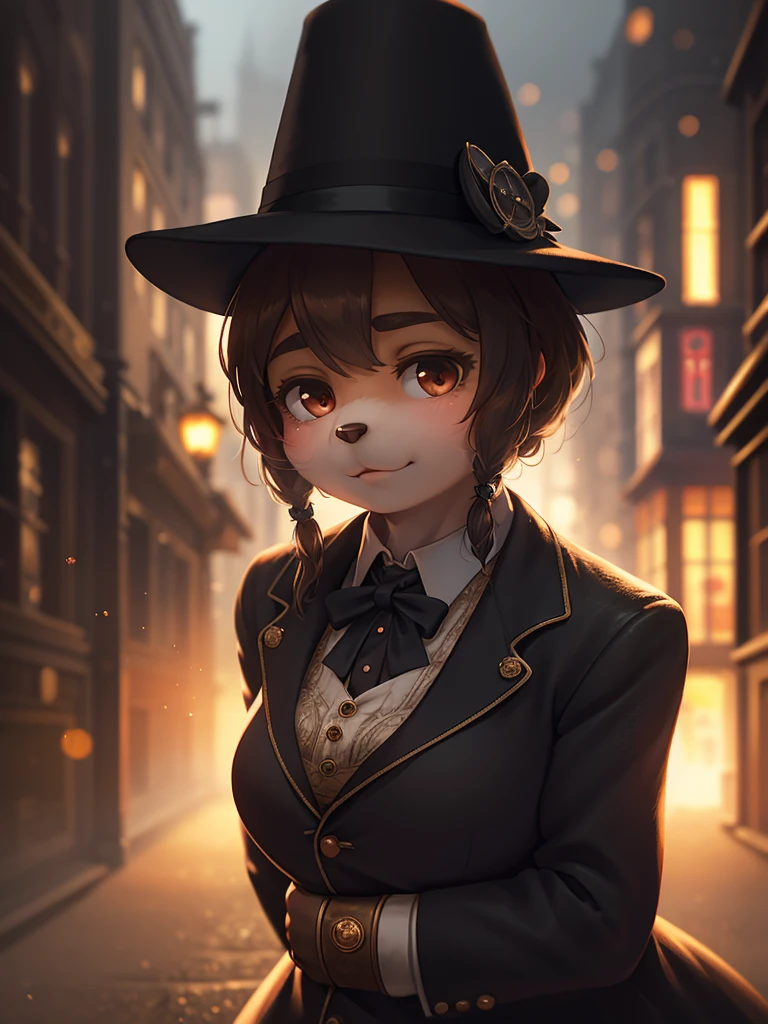 (Extreme Perspective:0.75) , Depth and foreground , rule of thirds , old Cine Lenses , Bokeh , realistic hairy fur , round face , round eyes , Swollen cheeks , hair ties , 1900s Foggy London city , Sherlock Holmes style movie , Detective woman