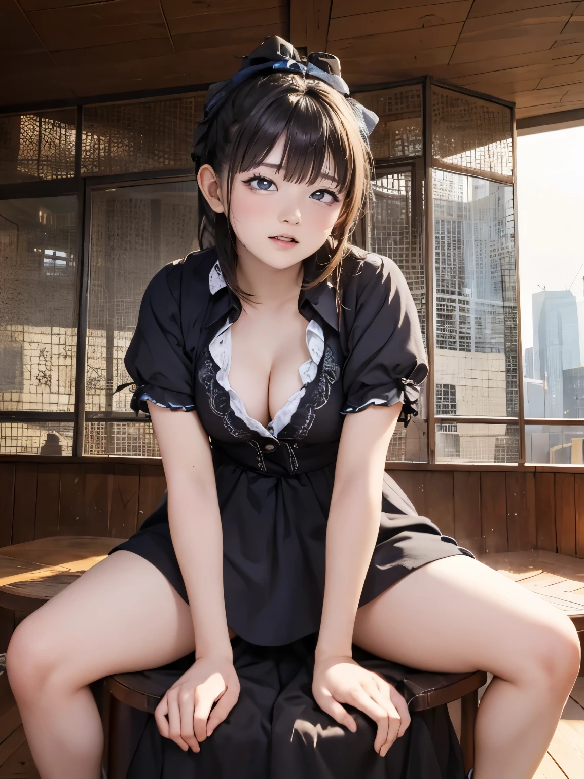 high-definition image, eyes realistic sizing, realistic skin, drooping eyes, smiling, (unbuttoned various patterned feminine casual dress), (spread legs, masturbation with her hand, thin heavily squirting), strong sunlight, braid, old fashion, leaning forward, skyscrapers,