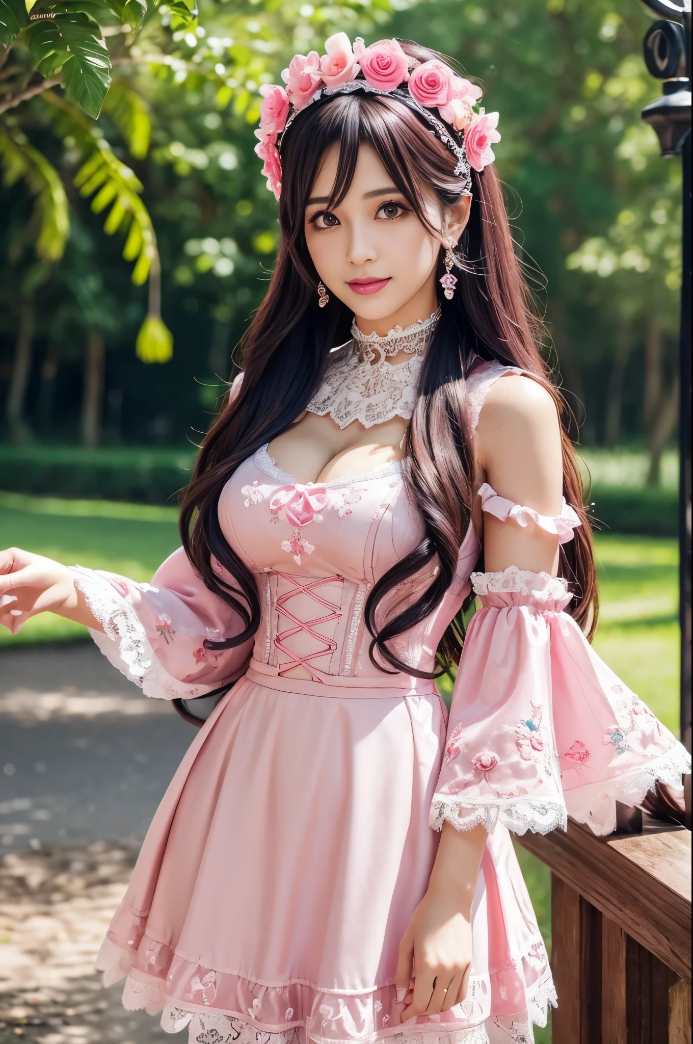 sexy stylish Swedish model, only 1 female, ((doll-like appearance)), full-body shot, beautiful smile, ultra detailed eyes, vivid eye makeup, lipgloss, long lashes, defined eyebrows, ((sexy Paradise Kiss cosplay)), bell-shaped skirt, petticoats, high neckline, puffed sleeves, (( ultra detailed lace)), ((ultra detailed embroidery)), intricate details, Paradise Kiss accessoires and matching headpiece, choker, ((large sparkling Paradise Kiss jewelry)), look at the camera, cinematic light, detailed large park background with trees