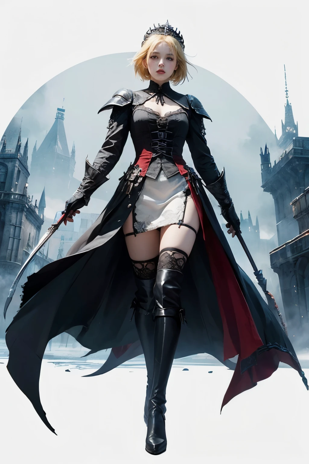 mpts
Copy
A female knight,Melon seed face,Yellow hair,diadems, hyper HD, Wide-angle, Bokeh, Wide-angle, 1080p, High details, High quality, High Quality anime art style, Masterpiece, white background, bloodborne inspired, bloodborne, plain white background, ornate gothic attire, gothic, occult aesthestic, occult, whole body, full body, body, ornate mourning wear, templar inspired, red and white clothing, Choas Leqion art inspired